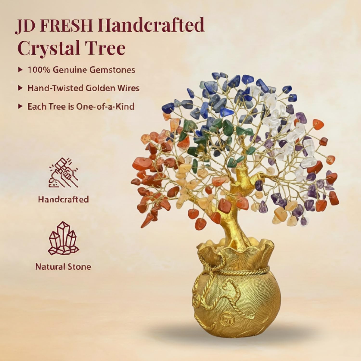 JD FRESH Feng Shui 7 Chakra Crystal Tree with Golden Money Bag Base/Natural Gemstone Decorative Showpiece Bonsai Tree for Home & Office Décor, Good Luck Diwali Gift, Wealth & Prosperity 4