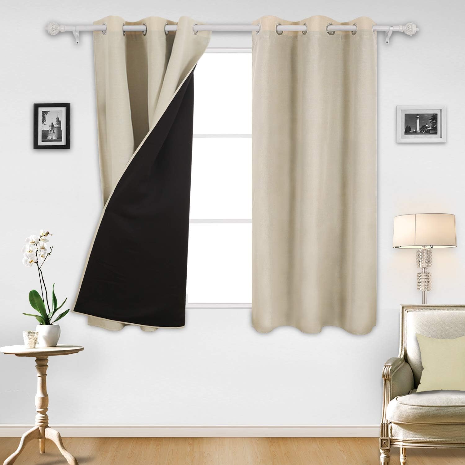 Deconovo Room Darkening Grommet Top Textured Faux Linen Curtains with Black Blackout Layer - 38x45 Inch, Beige, 2 Panels