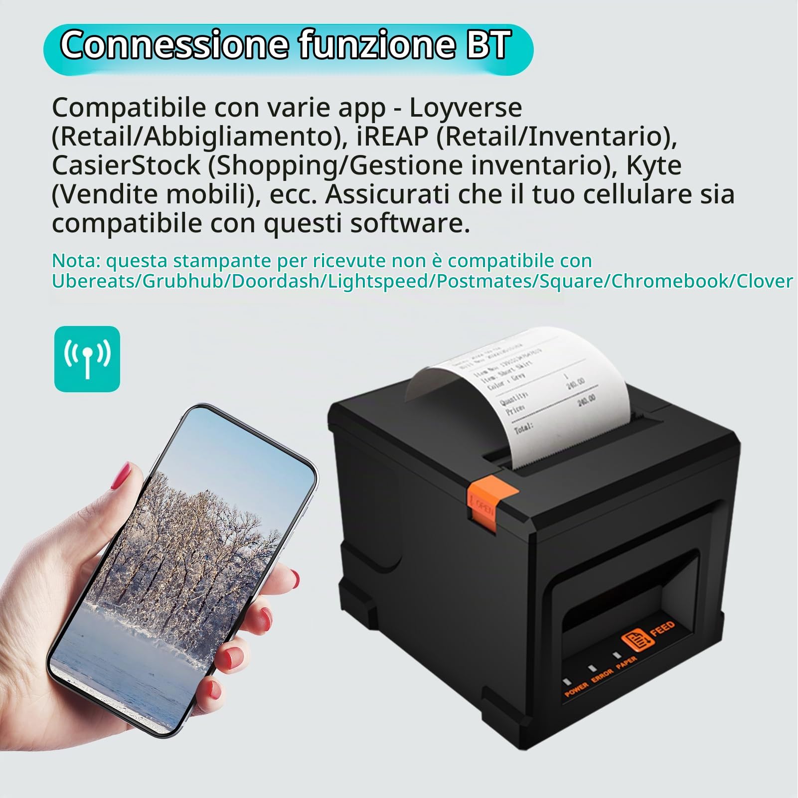 Tampante Termica per Scontrini, 80mm USB + BT Stampante per ricevute Stampante POS con taglierina automatica compatibile con supporto ESC/POS per spedizioni Affari Ristorante Supermercato