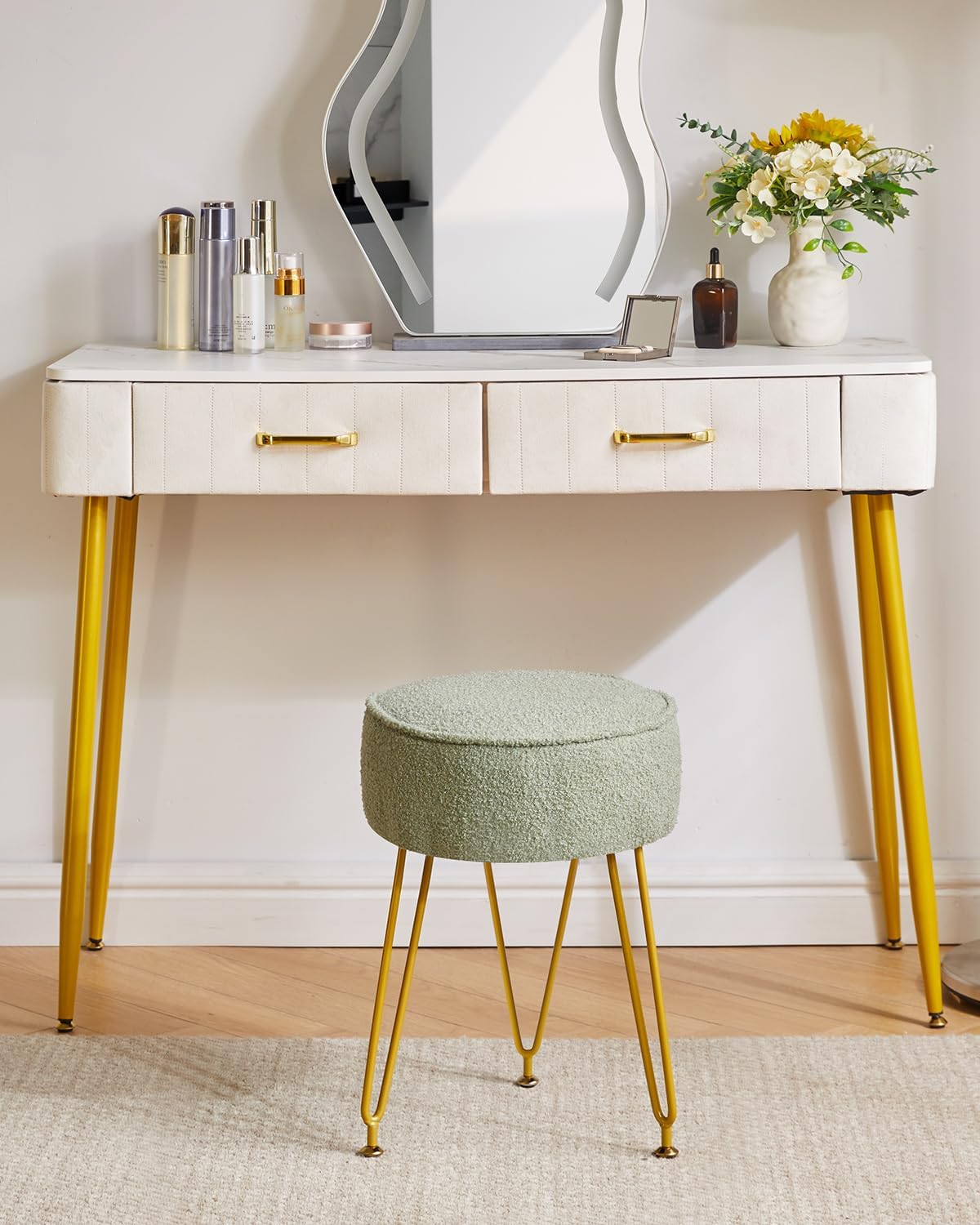 IBUYKE Teddy Velvet Round Footrest Stool Ottoman, Makeup Vanity Stool Side Table, Velvet Dressing Table Seat, Pouf Couch Stool, for Living Room Bedroom, Light Green WBD009D - Image 4