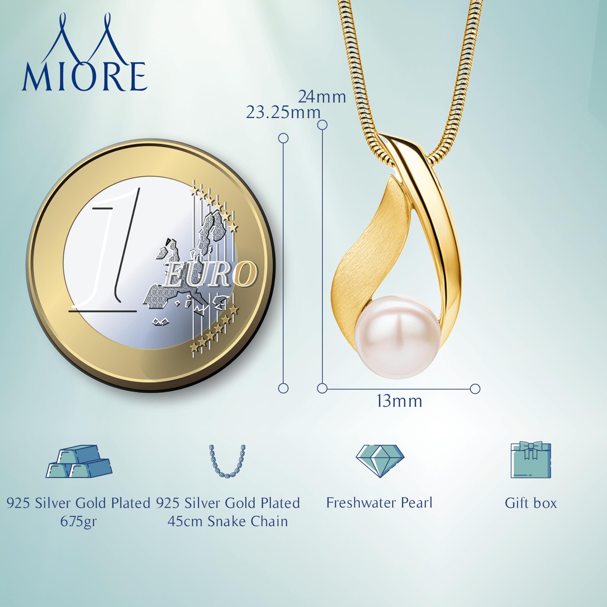 Miore Collares Mujer de Plata, Colgante de Perla Chapado en oro de 18 ct/Plata Sterling 925, Perlas de Agua Dulce 8 mm, Cadena Snake a 45 cm, Joyería para Mujer, Se entrega en Estuche para Joyas