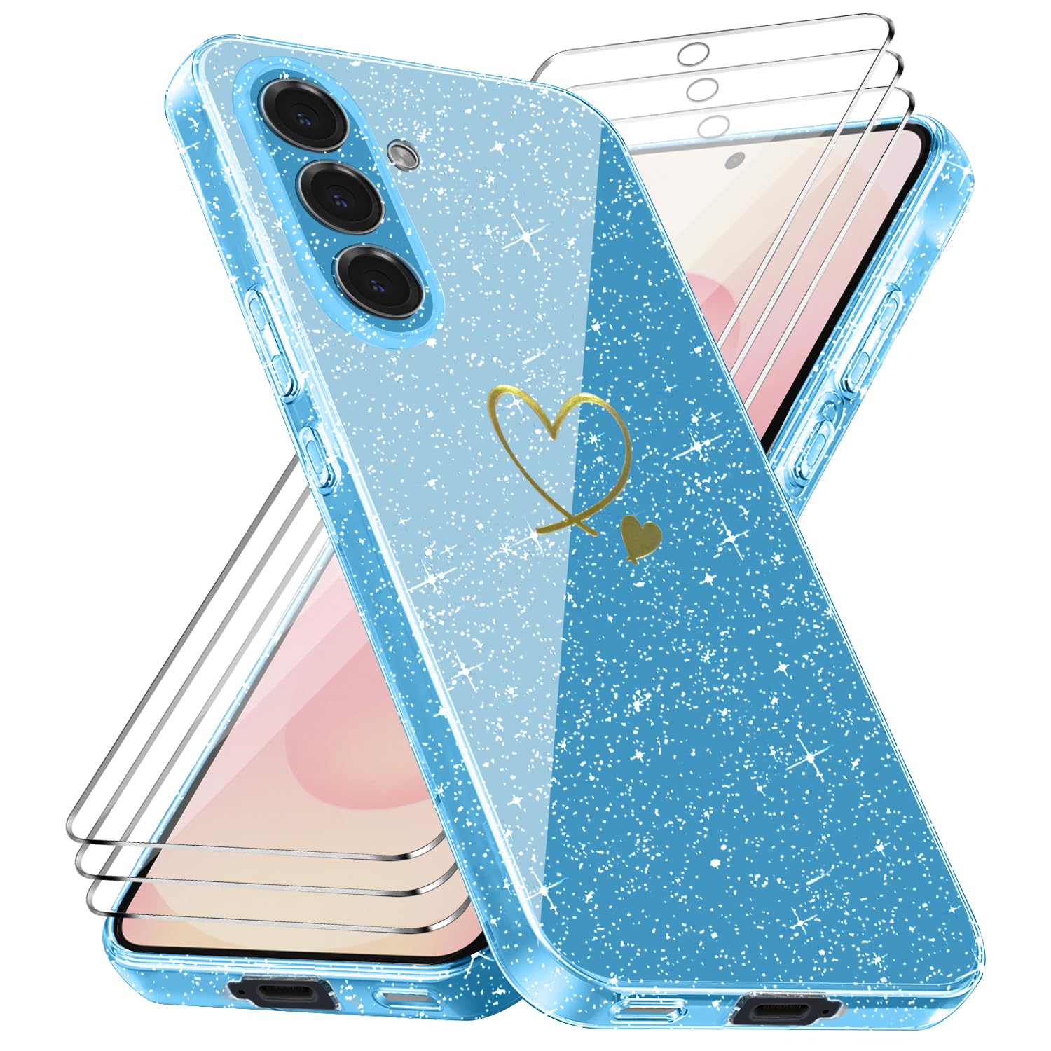 Cover Compatibile con Samsung Galaxy S25 FE 5G ((Non per S25), con 3 Pezzi Vetro Temperato Pellicola Protettiva, Glitter e Antimpronta Custodia, Antigraffio e Morbido Caso - Blu