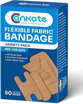 Conkote High Elasticity Bandages - Assorted Sizes for Finger & Knuckle Protection, 50 Count Variety Pack, Latex-Free, Comfort Fit, Long-Lasting Adhesive