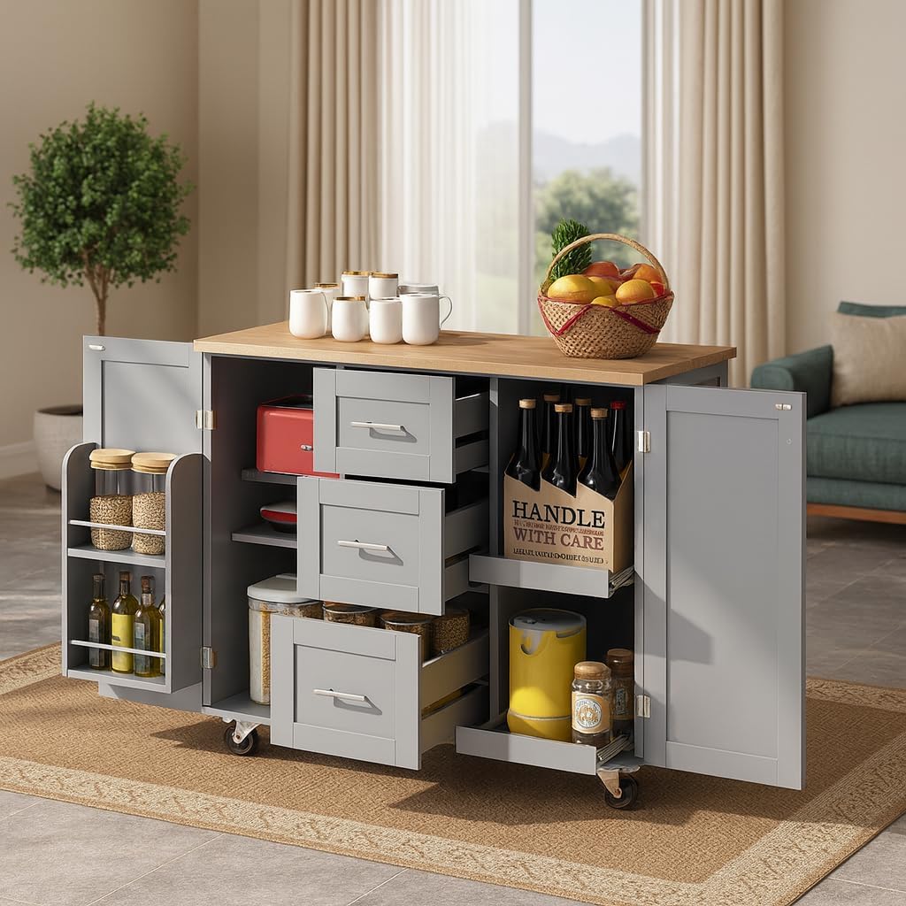 K&K Rolling Kitchen Island with Storage, Kitchen Cart with Rubber Wood Top, 3 Drawer, 2 Slide-Out Shelf and Internal Storage Rack, Kitchen Island on Wheels with Spice Rack & Tower Rack, Grey Blue