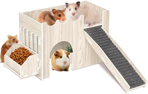 Guinea Pig Hideout House, Wooden Guinea Pig Castle with Feeding Basin, Guinea Pig Toys Accessories for Chinchilla Hamster Hedgehog Rabbit Bunny