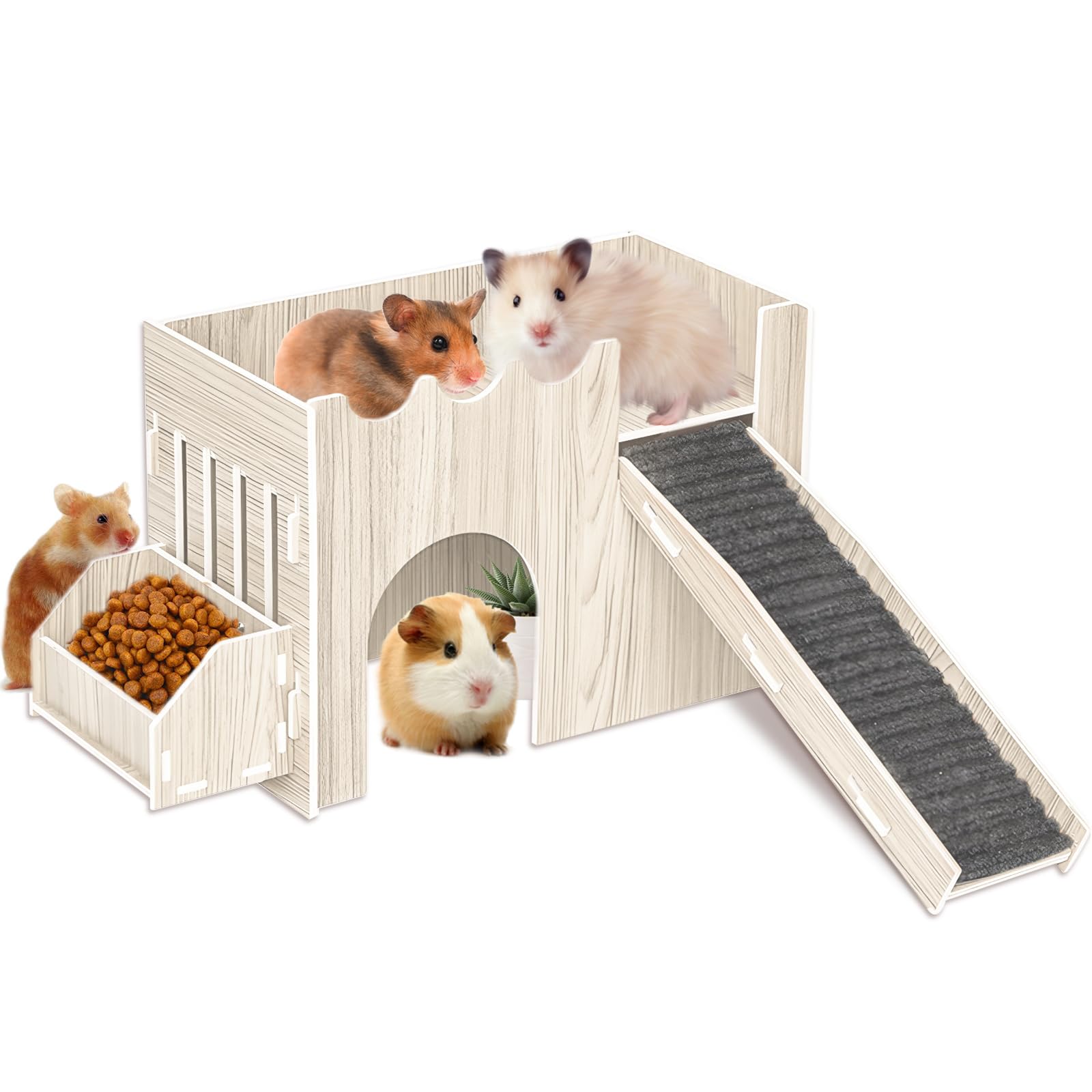 Guinea Pig Hideout House, Wooden Guinea Pig Castle with Feeding Basin