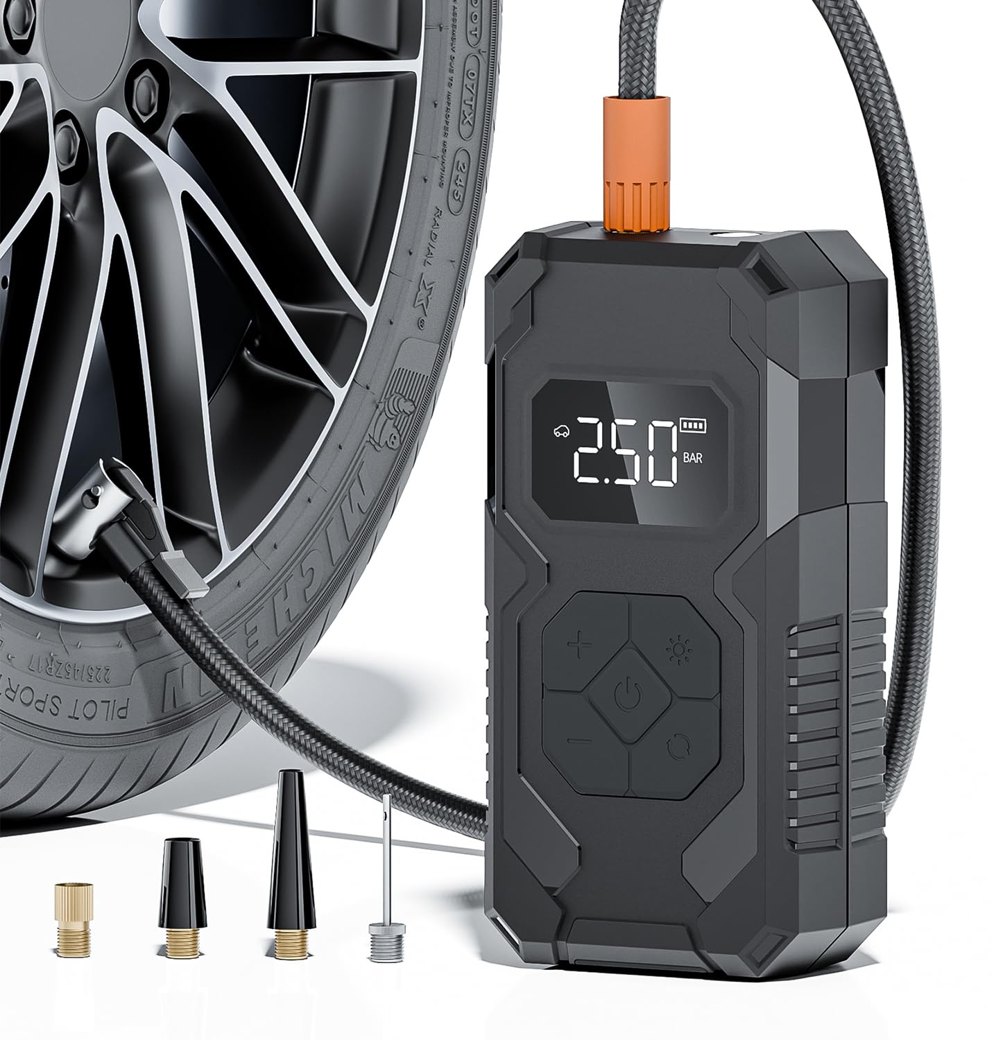 Tire Inflator Compressore Aria Portatile Senza Fili 150PSI, Batteria Ricaricabile con Manometro Digitale, Auto Spegnimento e Luce LED, Gonfiatore Elettrico per Auto, Moto, Bici, Palloni, Nero