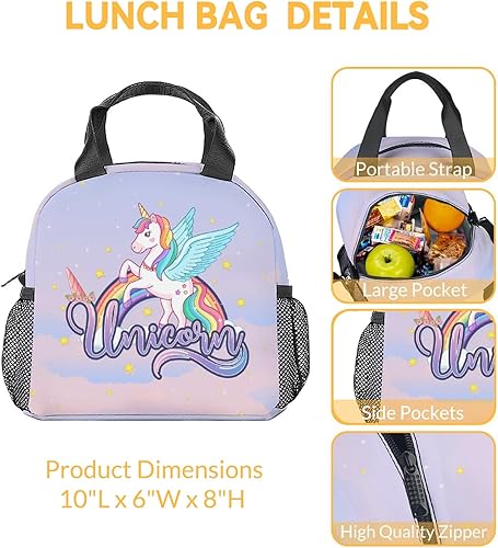 Miniatura 3 de Lonchera de unicornio para niños, pequeñas bolsas de almuerzo aisladas, bonita lonchera reutilizable para niñas, bolsas de almuerzo cruzadas moradas