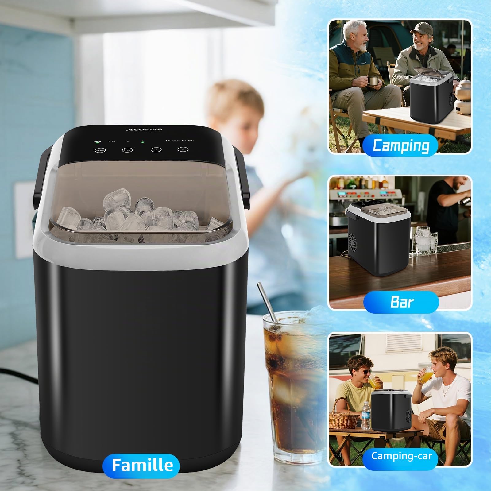 Aigostar Machine a Glacons 1,5 L, 130W Machines à Glaçons à Double Couvercle, 9 Glaçons en 6 Mins, 12kg/24h, 2 Tailles de Glaçons, Autonettoyante, Portable pour Maison/Cuisine/Camping, Noir