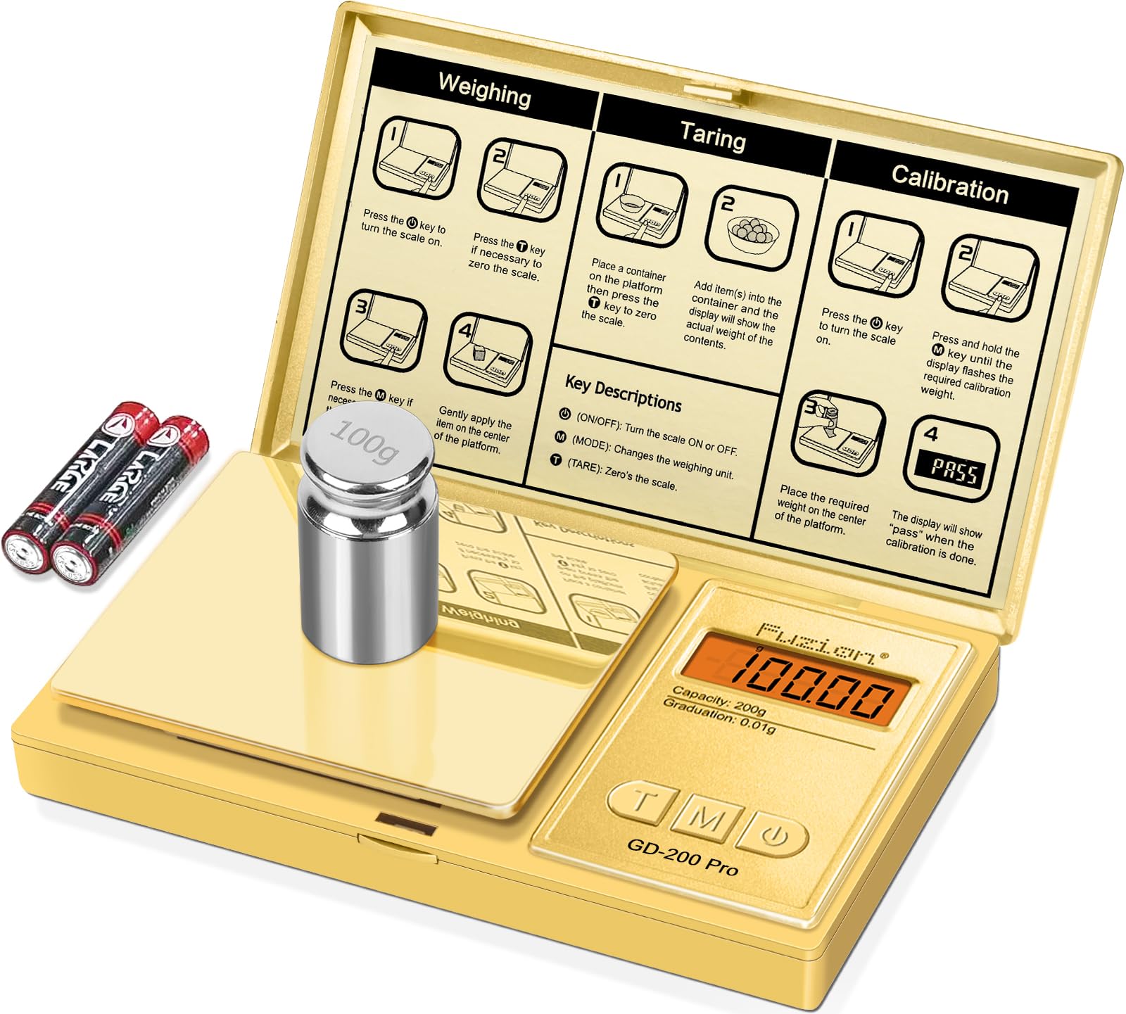Fuzion Digital Pocket Gram Scale .01 Gram Accuracy, Gold Titanium Plating, 200g Small Digital Scale, Mini Jewelry Scale for Food, Herb, Spice, Coin - Weight Gram and Oz - 100g Calibration Weight