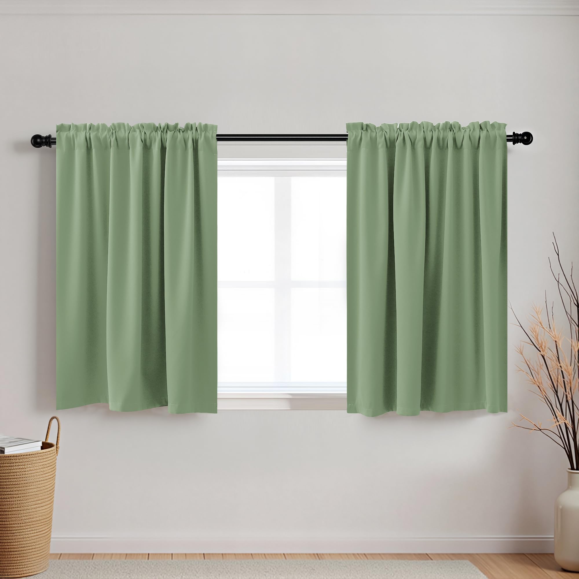 KOUFALL Bathroom Curtains Window,Short Blackout Boho Sage Green Decorative Privacy Curtain 18 x 24 Inch Length — image 1