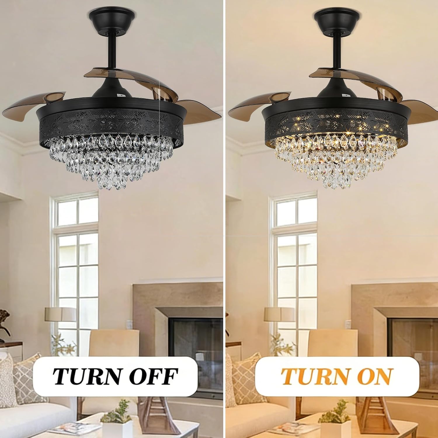 42" Black Crystal Fandelier Dimmable LED Ceiling Fan with Lights Retractable Blades 3 Color with Memory Quiet Reversible 6 Speeds Timer for Bedroom Living Room Dining Room