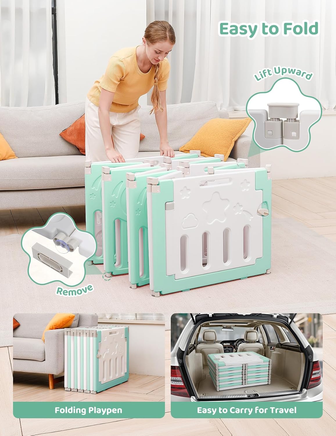 Baby Playpen, Dripex Baby Playard for Babies and Toddlers, 14-Panel Foldable Playpen Adjustable Portable Play Area, Indoor/Outdoor Kids Active Center with Game Panel & Safety Gate, Light Green White