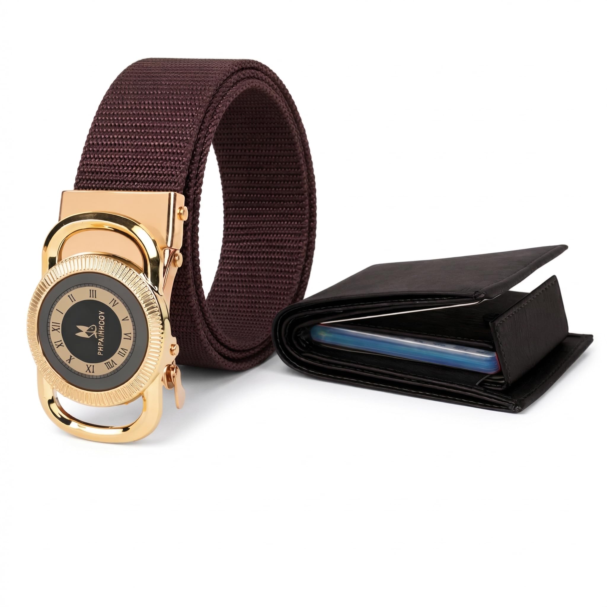 Men Black Textured Belt with Luxury Spinning Buckle and Dark Brown Artificial Leather Wallet-image-8