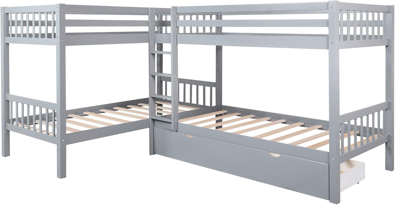 Flieks Four Bunk Bed Twin-Over-Twin-Over-Twin-Over-Twin L Shaped Bunk Bed with 3 Drawers, Bunk Bed Can be Divided into 2 L-Shaped Beds for Accommodating 4, Family, Teens, No Box Spring Needed