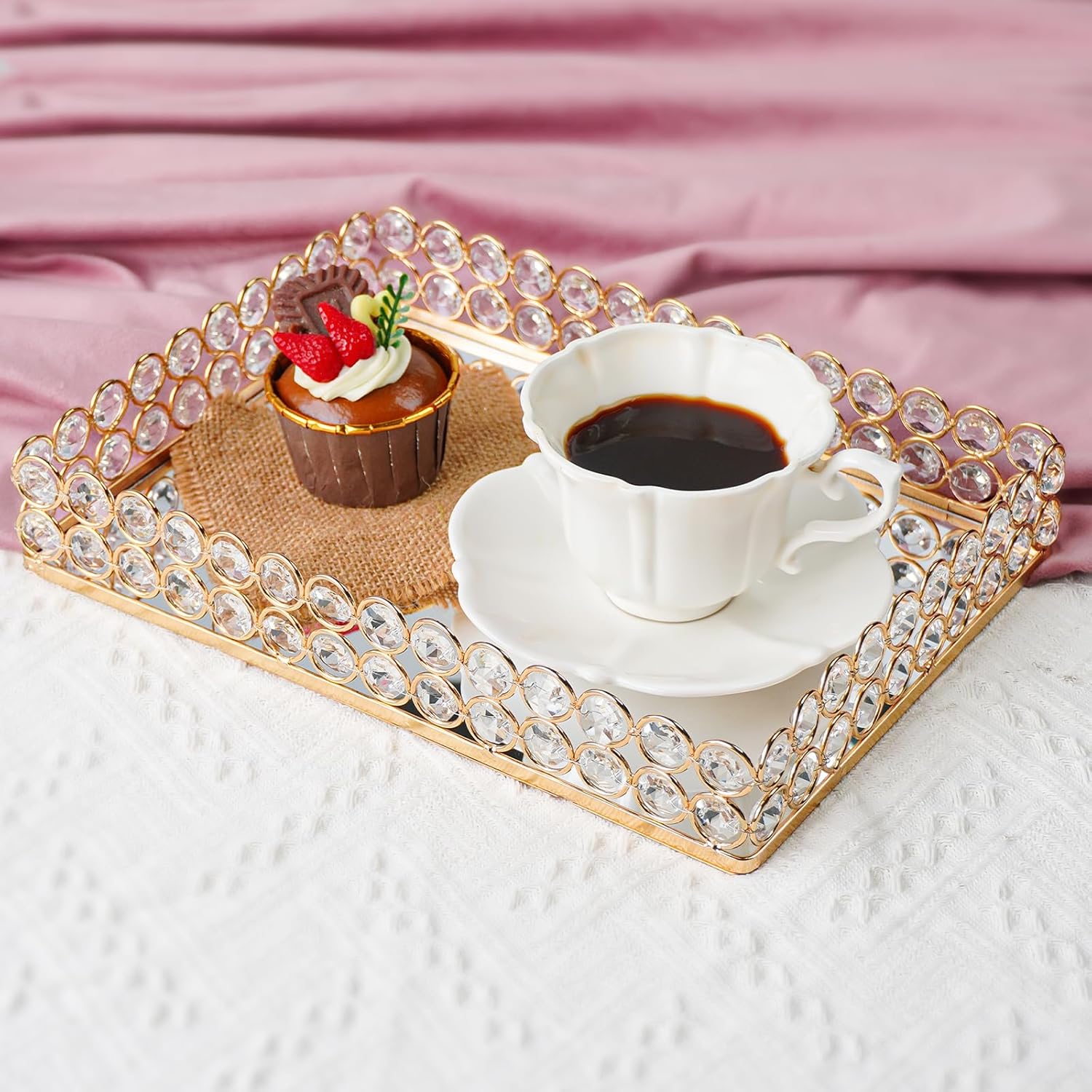 2 Pcs Gold Metal Crystal Mirror Tray - 11.2"x8.1" Table Centerpieces Tray, Multi-Functional Display for Flowers/Cupcakes/Jewelry, Vanity Organizer & Wedding Dessert Table Accent