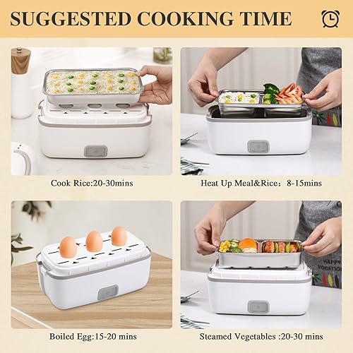 Miniatura 5 de KINBEDY Fiambrera eléctrica, lonchera de 2 capas, calentador de alimentos portátil para el hogar y la oficina, contenedor de alimentos de acero