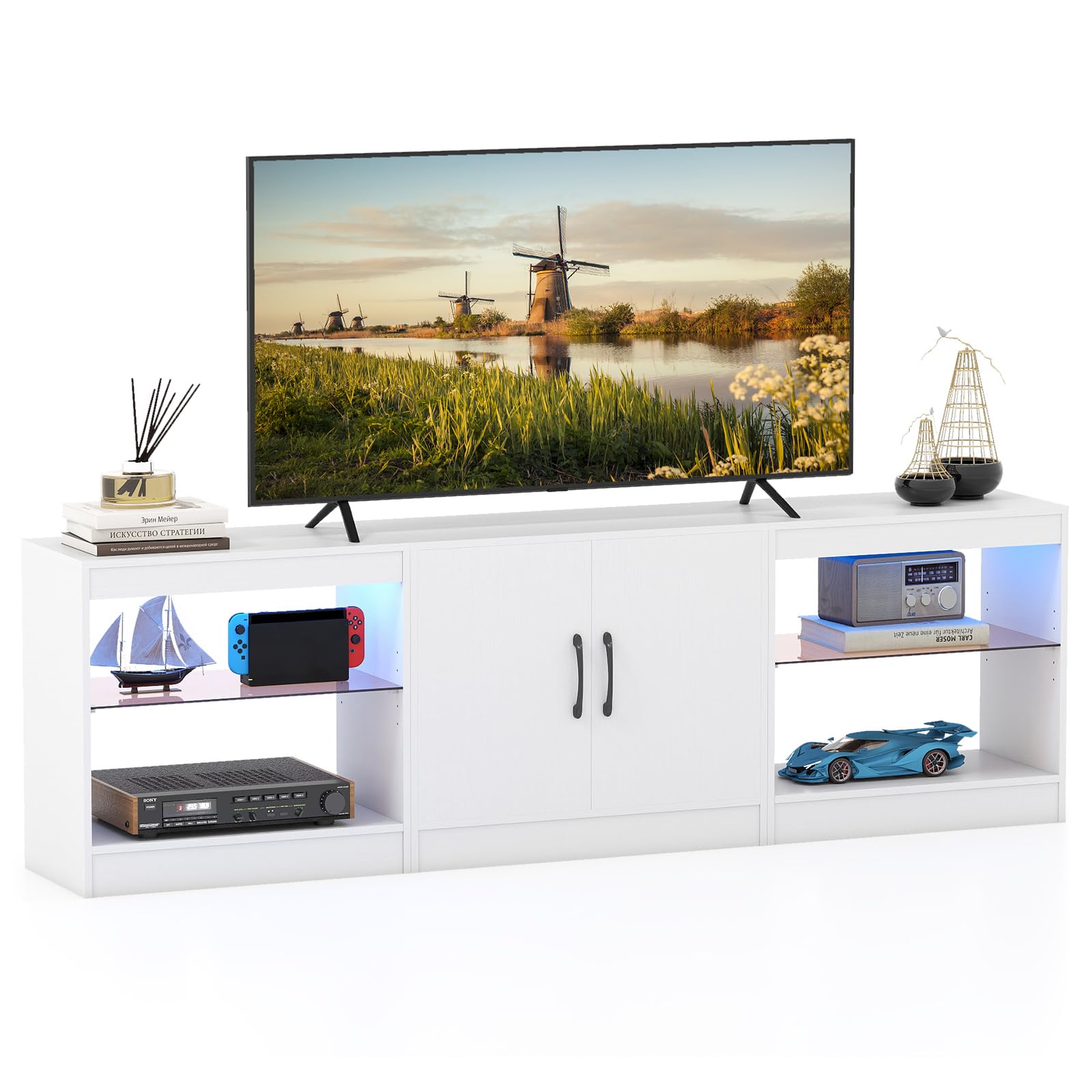 COSTWAY LED TV Stand Cabinet for 85 Inch TVs, Free Combination Modular Media Entertainment Center with RGB Lights & Adjustable Glass Shelves, 195cm Living Room Bedroom TV Unit Console Table (White)