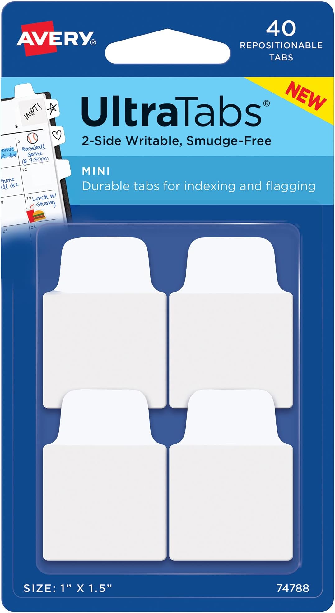 Avery Mini Ultra Tabs, 1" x 1.5", 2-Side Writable, White, 40 Repositionable Tabs (74788)