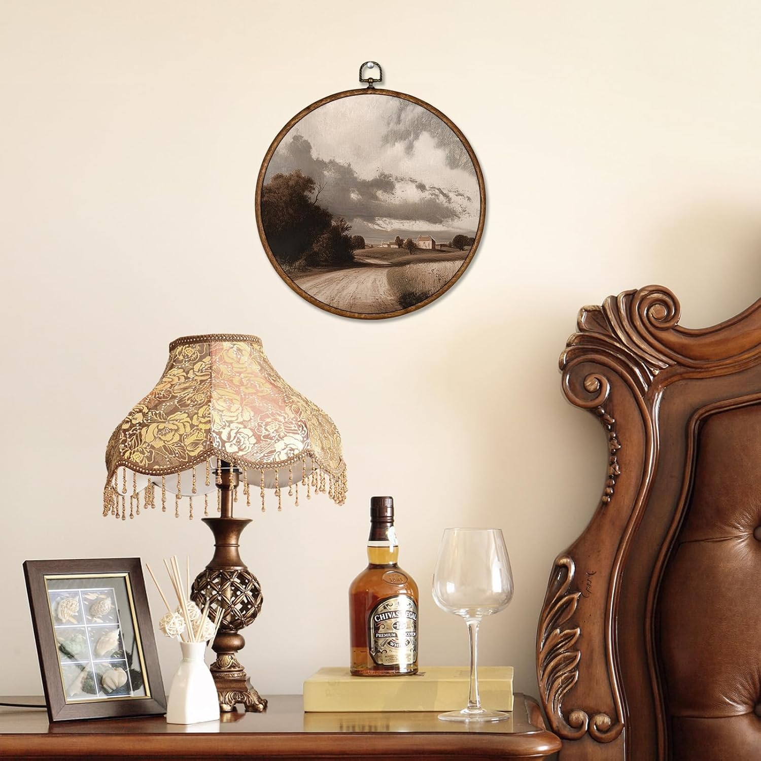 Voxitura Vintage Fall Landscape Wall Art Round Framed, Landscape Country Field Wall Decor Canvas Hanging Living Room, Rustic Retro Countryside Prints Artwork Decorations for Bedroom Dorm 10x10in - Image 4