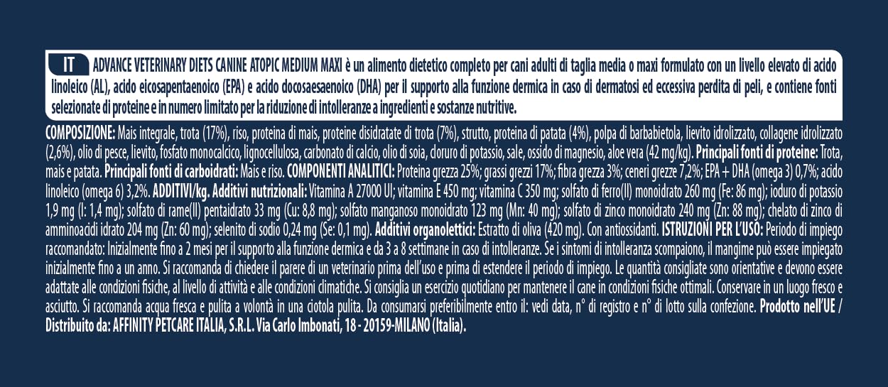 Advance Veterinary Diets - Atopic Medium-Maxi - Cibo per Cani con Problemi di Dermatite Atopica con Trota - 3kg