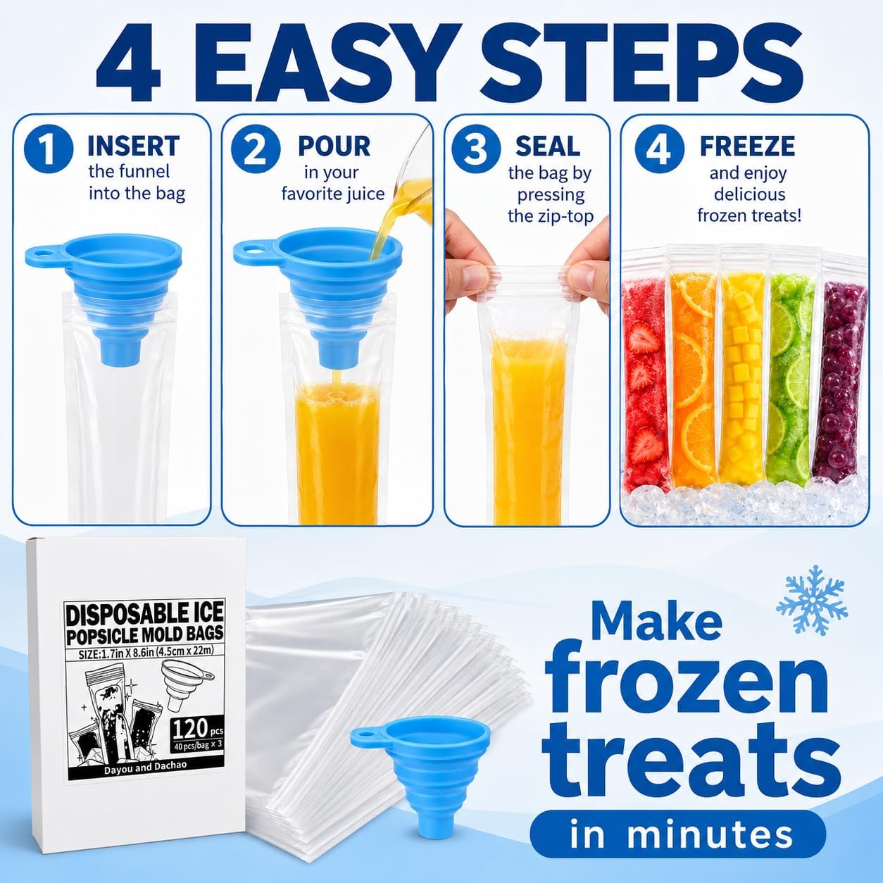 120 Pack Disposable Ice Pop Bags(1.7x8.6").BPA Free Freezer Tubes image 2
