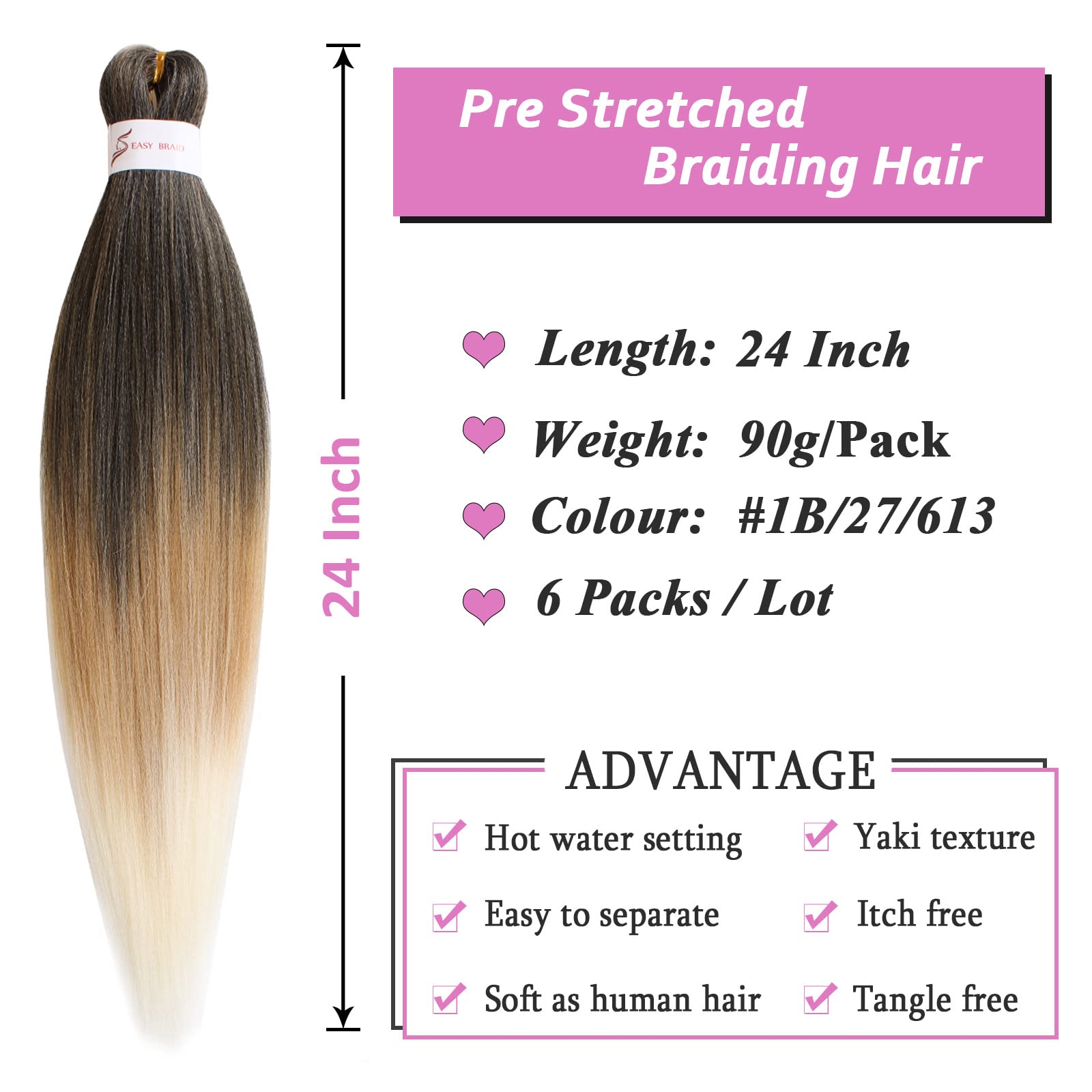 Samtress Pre Stretched Braiding Hair 6 Packs 24 Inch 3 Tone Easy Briad Ombre Blonde Yaki Texture Kanekalon Synthetic Braiding Hair Extensions Hot Water Setting Crochet Braids Twists (#1B/27/613) - Image 2
