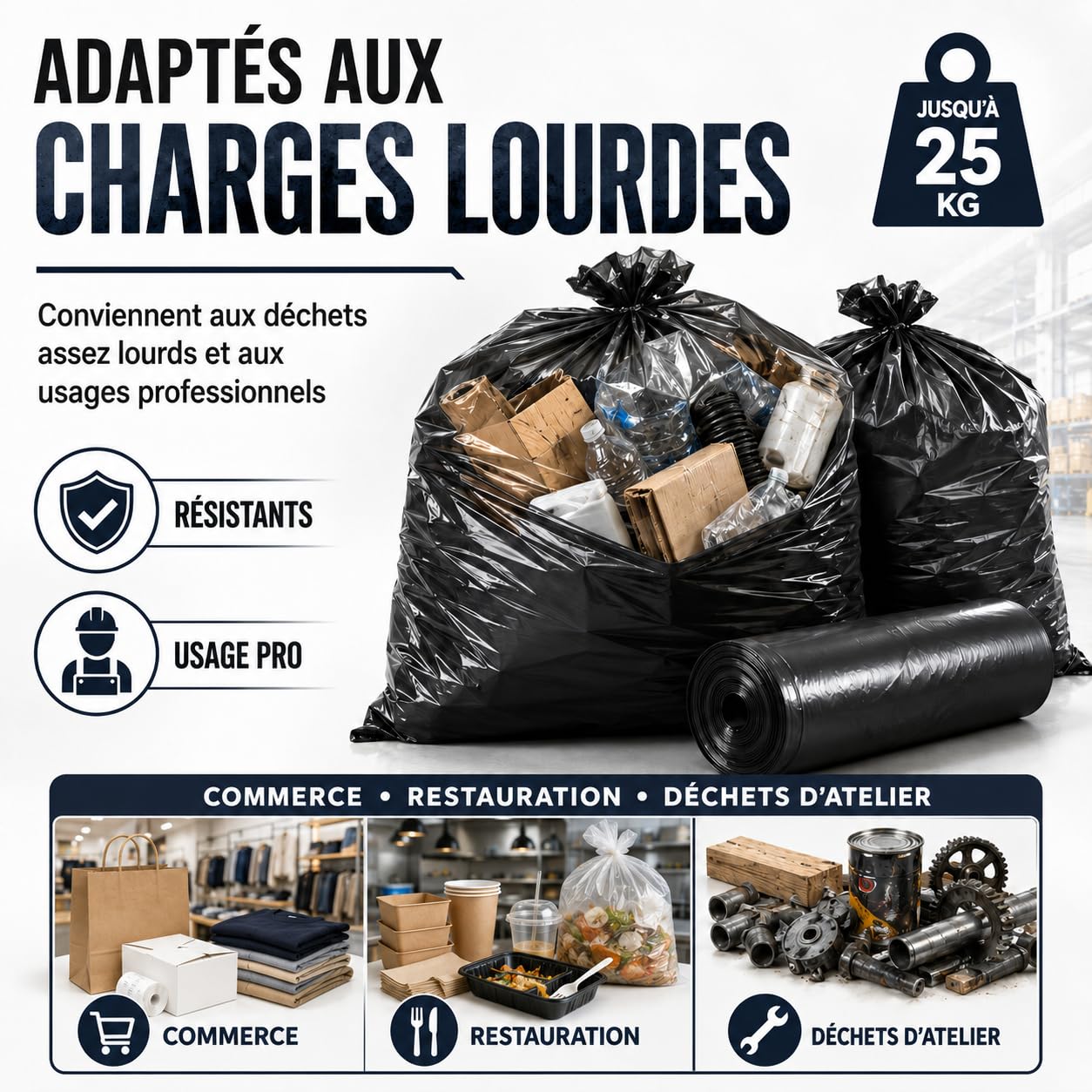 Sac Poubelle 150 Litres Renforcé | Lot de 100 Sacs 150L Ultra Résistants | Gamme Professionnelle | Déchets Lourds Jusqu'à 35 KGS | Travaux - Bureaux - Commerces - Restauration (150 Litres)