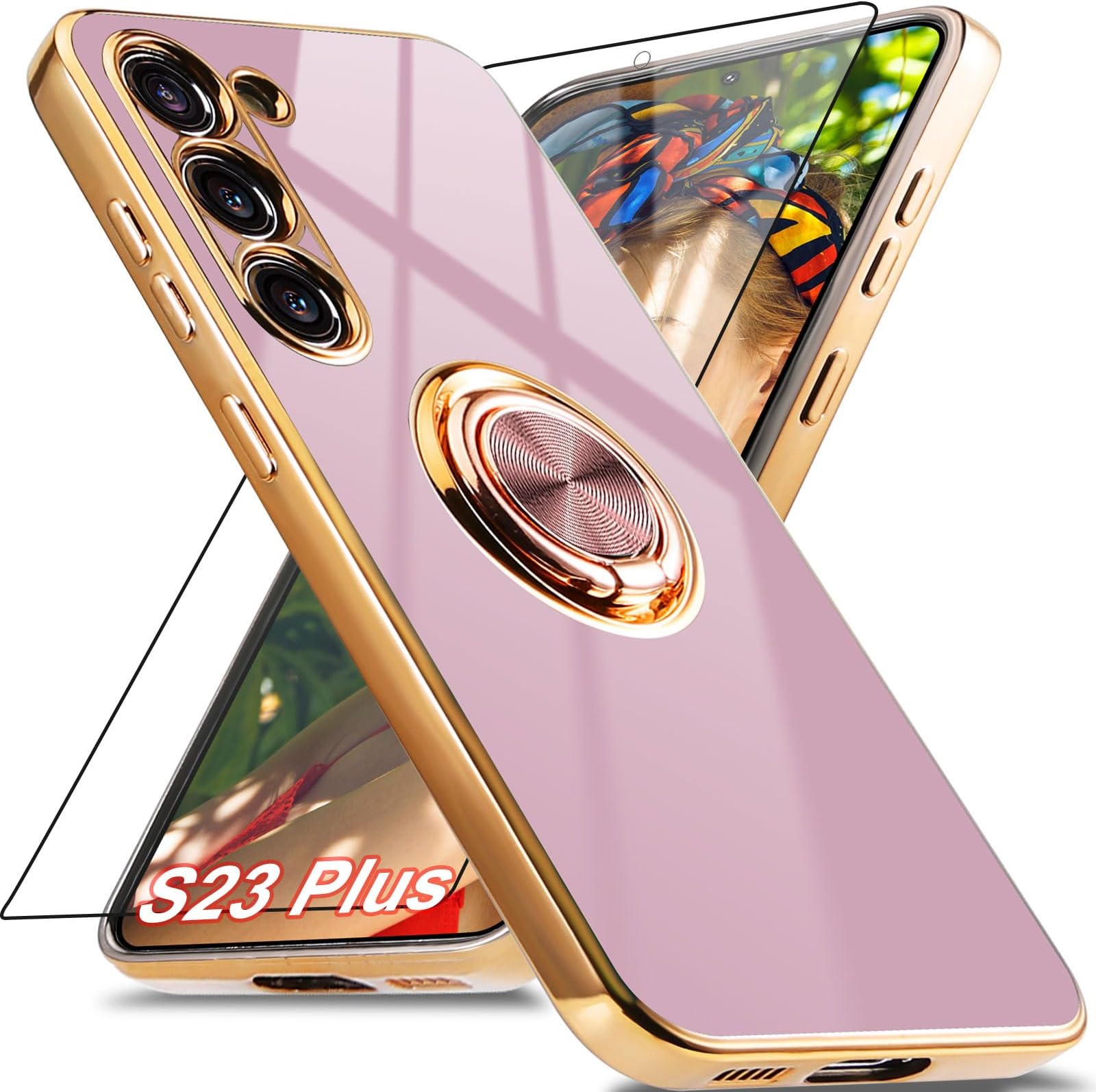 for Samsung Galaxy S23 Plus Case with 1 Screen Protector, Built-in 360° Rotation Ring Holder Magnetic Stand, Luxury Shiny Plating Edge Shockproof Electroplated Protective Cover (Purple/Golden)