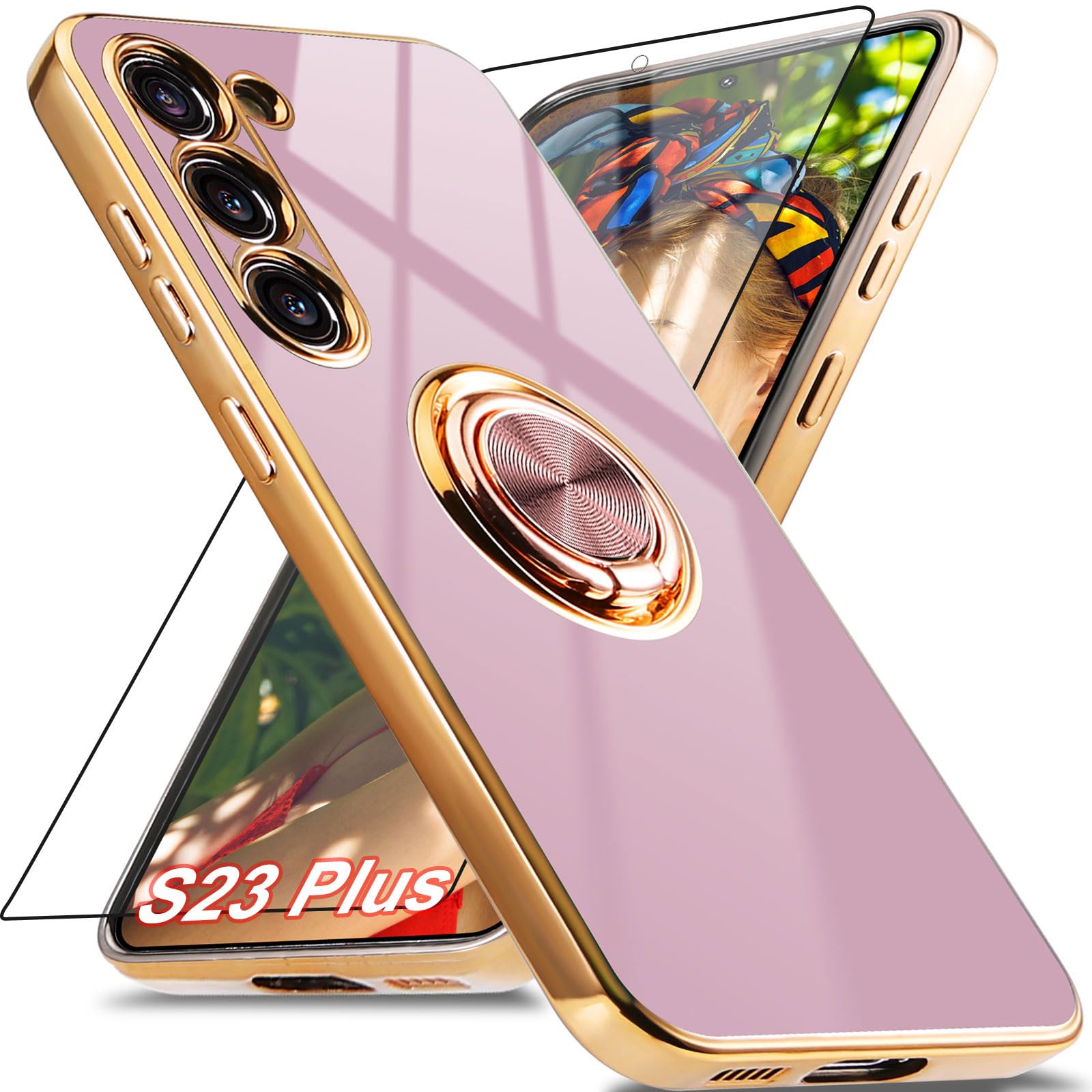 for Samsung Galaxy S23 Plus Case with 1 Screen Protector, Built-in 360° Rotation Ring Holder Magnetic Stand, Luxury Shiny Plating Edge Shockproof Electroplated Protective Cover (Purple/Golden)