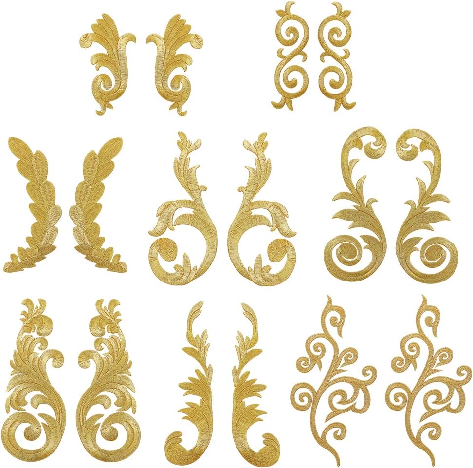 AHANDMAKER 8 Pairs Leaf Flower Embroidery Applique, Golden Ethnic Style Sew Iron On Leaf Wreath Patch Flower Embroidered Applique for DIY Sewing Wedding Prom Dress Clothes Pants Shoes