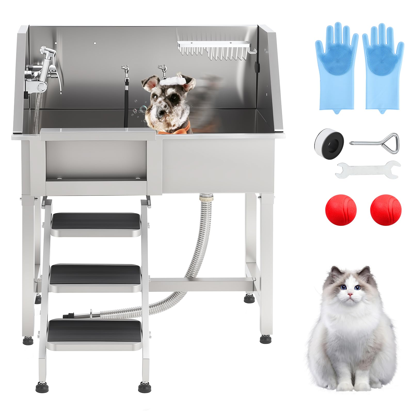 Garvee Bañera Profesional para Aseo de Perros de Acero Inoxidable, Puerta corredera Izquierda, Rejilla Antideslizante Ajustable, Escalera, Grifo y Ducha, Acabado Pulido Plateado, 86,36 x 37,8 x 98,01