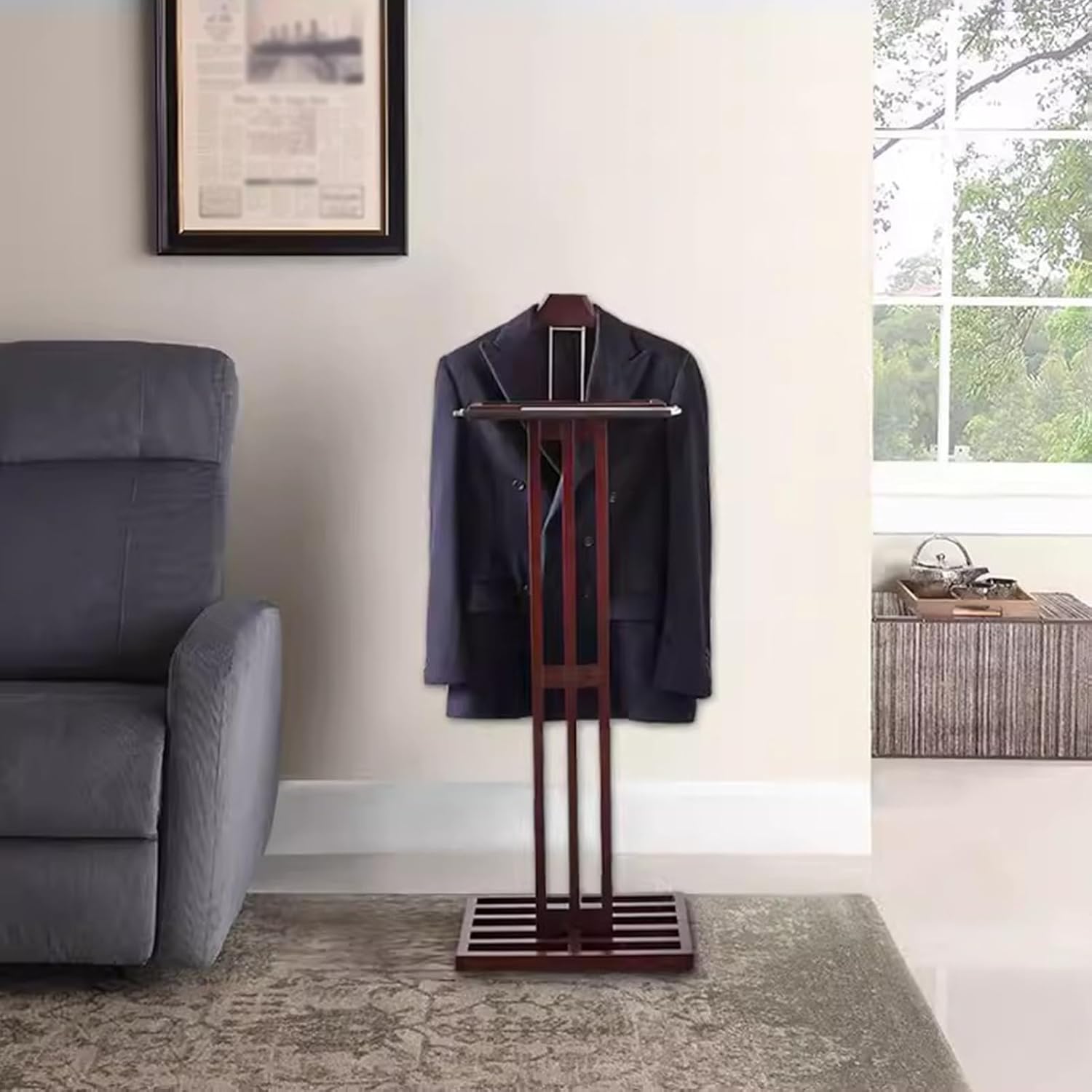 Freestanding Valet Stand with Tray Wooden Wooden Suit Rack for Bedroom Entryway Living Room Hotel Office