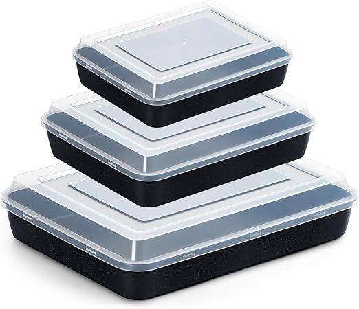 E-far Baking Pans with Lids Set of 3, Nonstick Sheet Cake Pan for Oven Lasagna Brownie Casserole - 12.5/10.5/9.4Inch, Rectangle Metal Bakeware Set, Stainless Steel Core - 6 Pieces(3 Pans + 3 Covers)