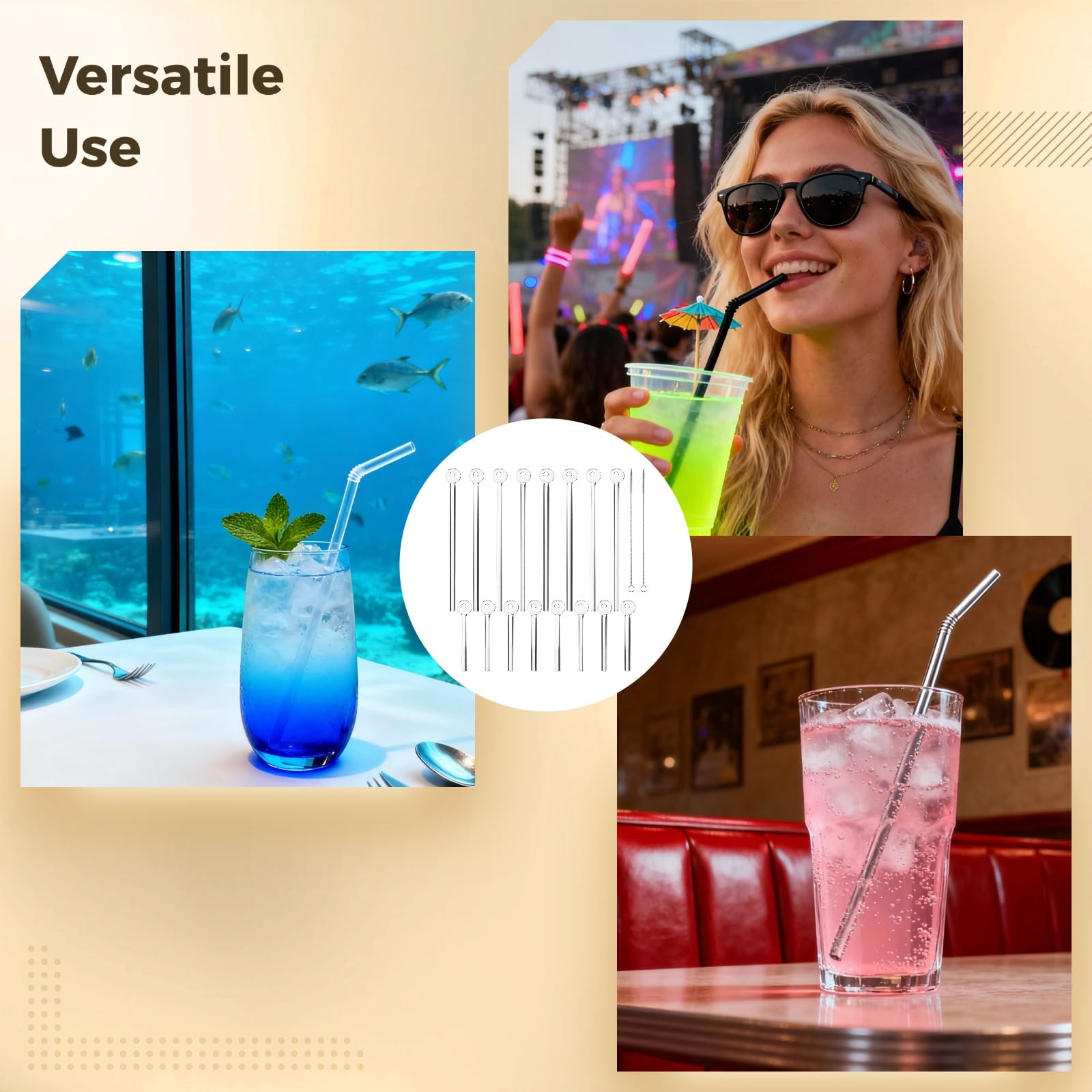 16 Stk. Glasstrohhalm-Set mit Reinigungsbürsten, wiederverwendbare Cocktail-Strohhalme aus Glas in 3,9 in und 7,9 in, mit Kugelende, als Trinkrührer für Saft, Smoothie, Milchshakes, Milchtee