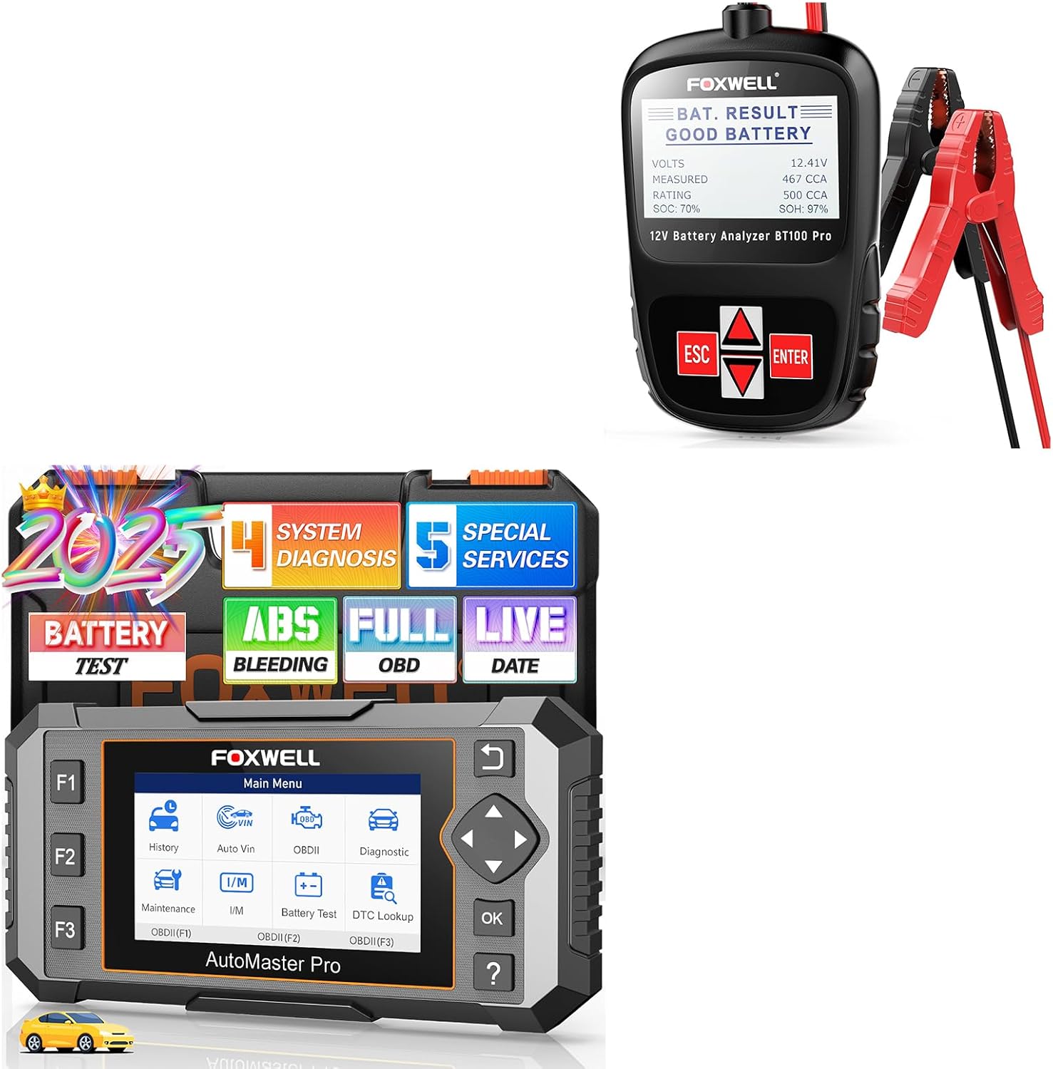 2025 Newest FOXWELL NT614 Elite OBD2 Scanner with 5 Resets Code Reader Scan Tool + BT100 Pro Battery Tester 12V Automotive, Car Battery Tester, Battery Load Tester, 100-1100CCA Digital Battery