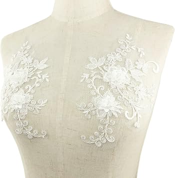 3D Flower Lace Appliques 1 Pair White Embroidered Floral Sew on Embroidery Patches for Wedding Bridal Dress Gown Clothing Bodice Craft DIY #1 Lace Flower