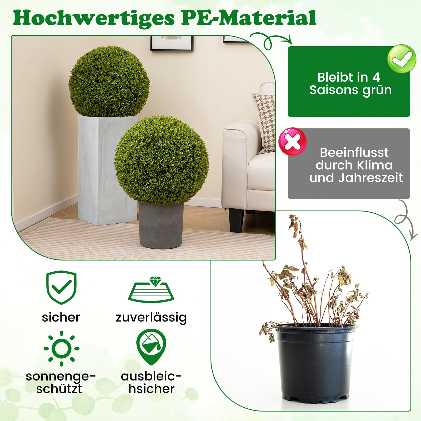 RELAX4LIFE 2er Set künstliche Buchsbaumkugel, Kunstpflanze Buchsbaum Kugel Ø 50 cm, Buchkugel Dekopflanze UV-beständig, Künstliche Kugelpflanzen wie echt für Zuhause, Garten, Büro, Grün (50 x 50 cm)