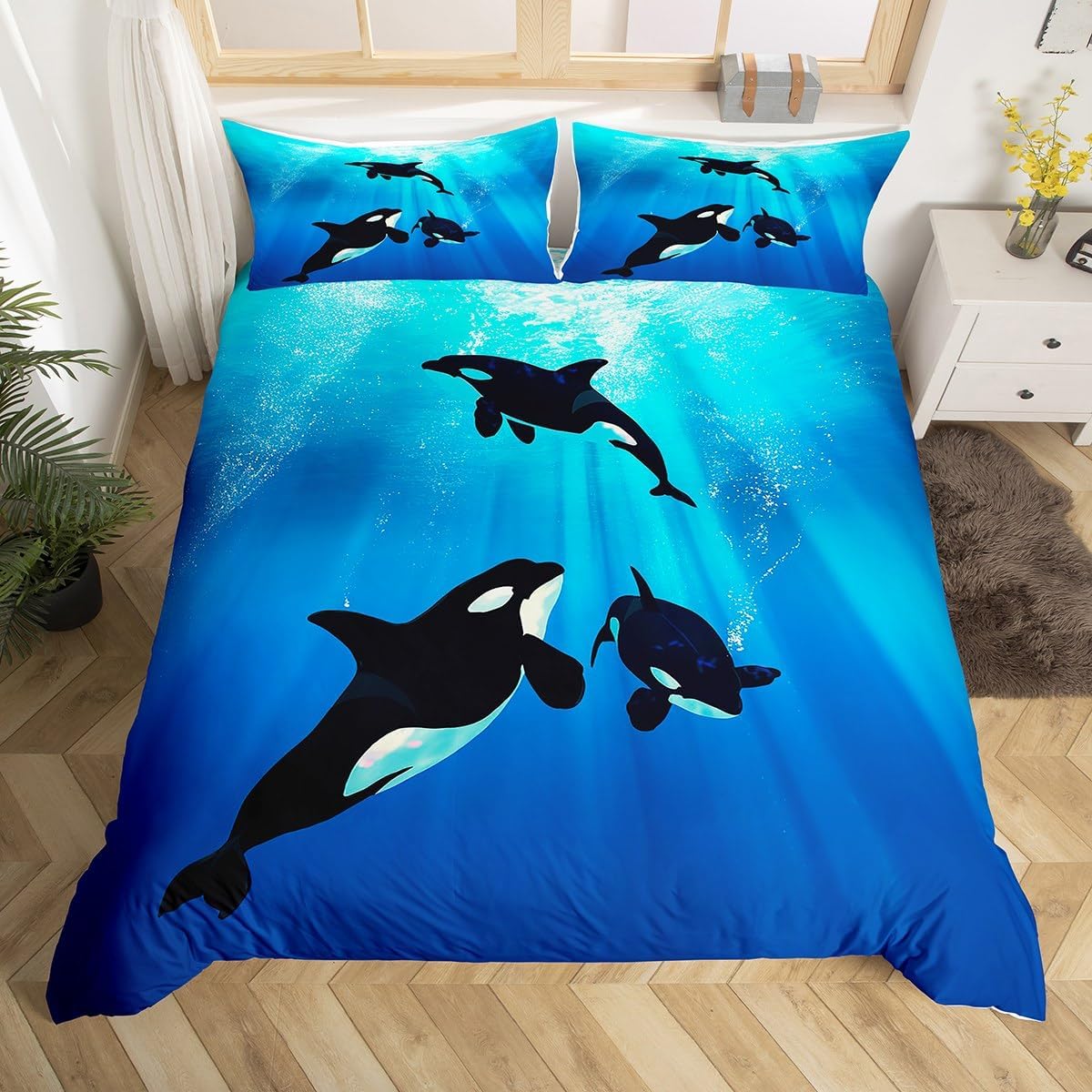 Ocean Themed Bedding Set Queen Size,Killer Whales Seal Duvet Cover Kids Child Teens,Sealife Underwater World Comforter Cover Under Sea Marine Life Bedclothes Nautical Sea Animal Bedroom Decor Blue