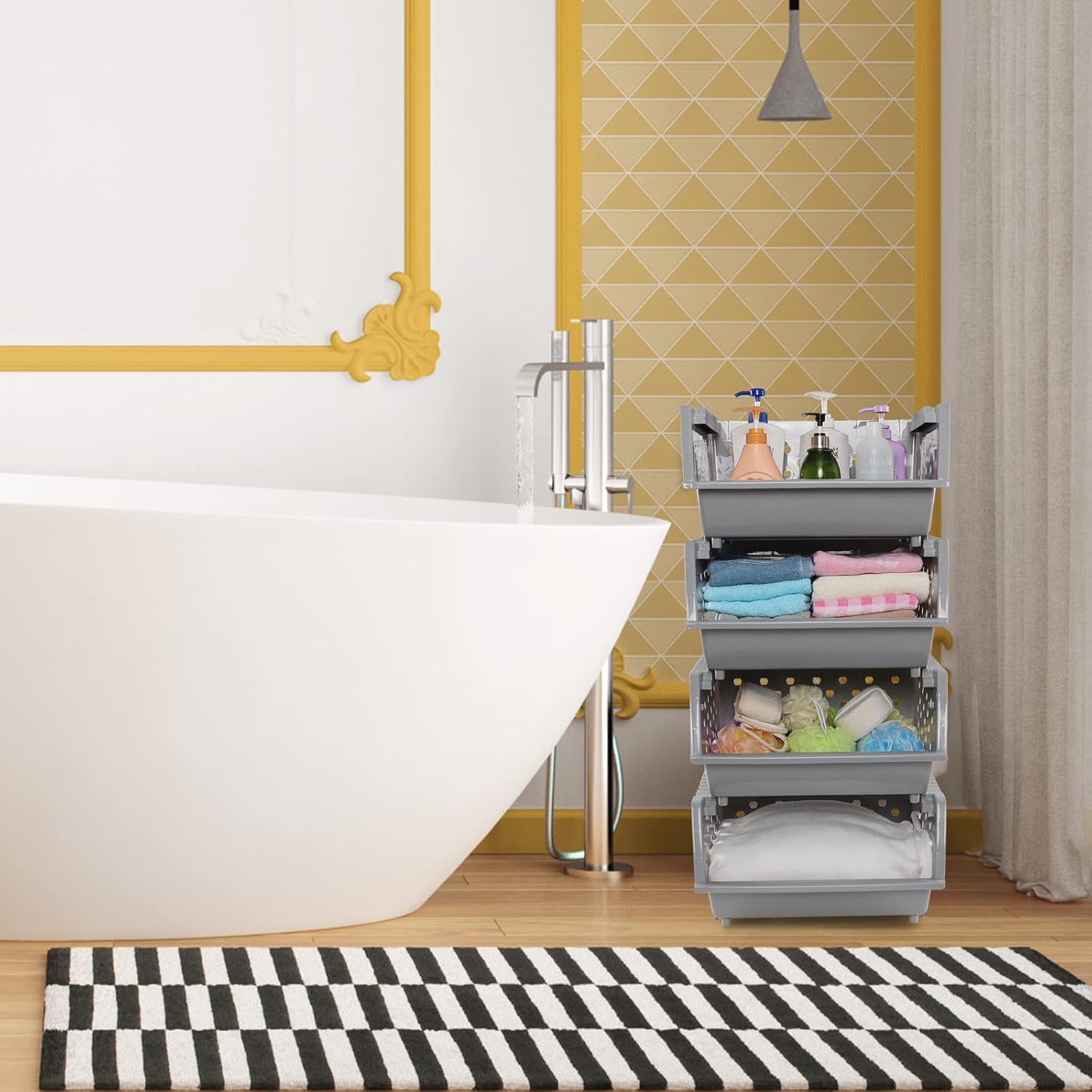 4-Pack Plastic Large Stacking Organizer Basket, Stacking Open Front Storage Bins, Gray