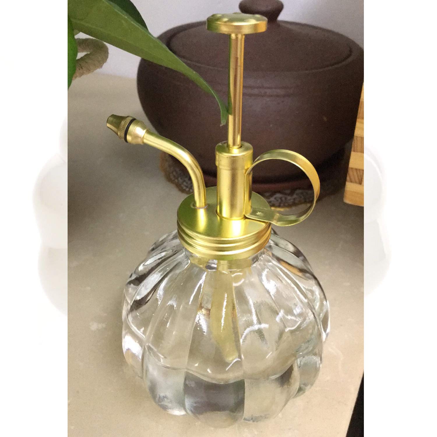Layboo Vintage Style Glass Pumpkin Bottle Sprayer Watering Can Plant Mister with Brass Sprayer Head (Transparent)