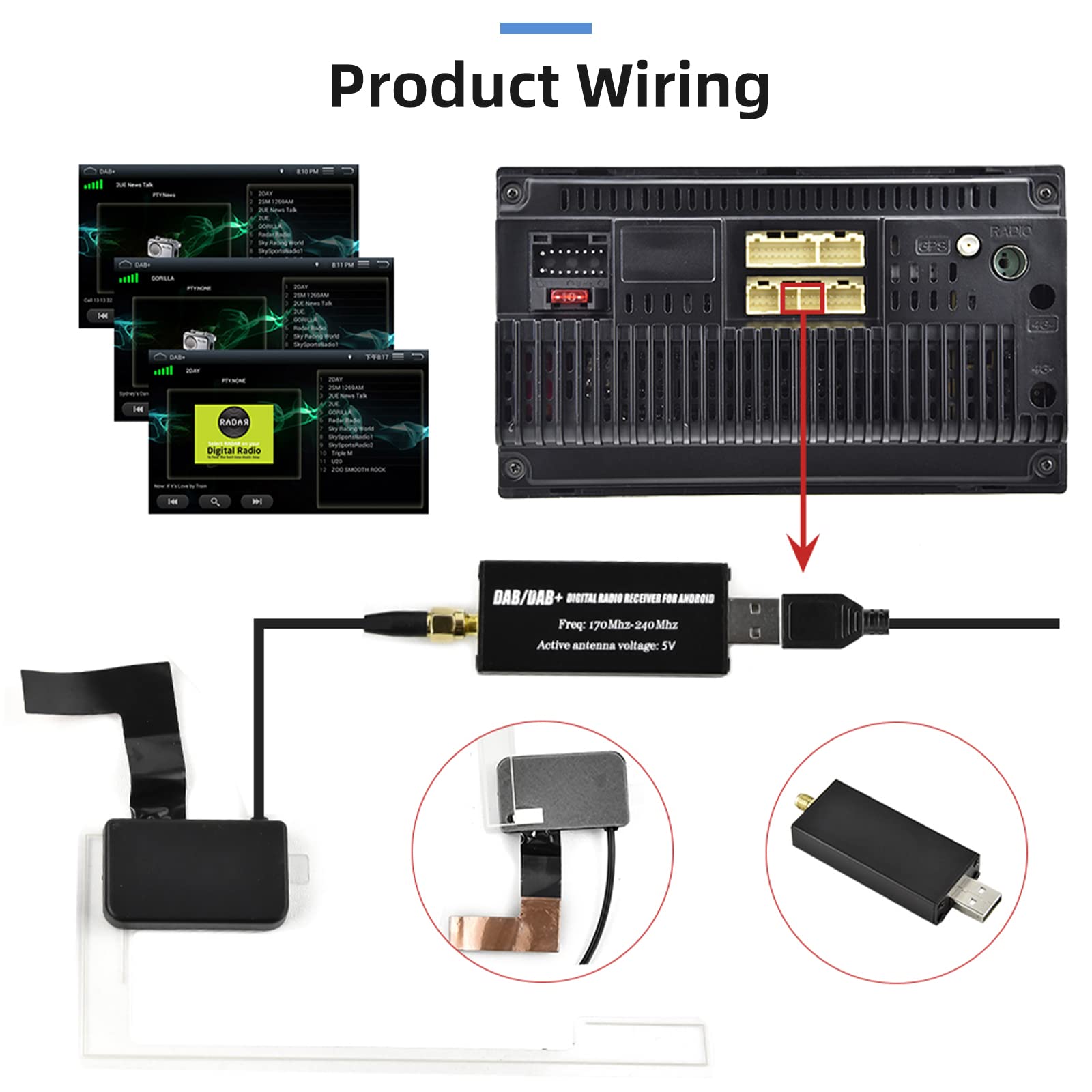 Podofo Dongle Dab/Dab+ adapter USB z anteną okienną samochodową, uniwersalny do odtwarzacza radia samochodowego z systemem Android, z aplikacją Dab, radiem na sygnał cyfrowy
