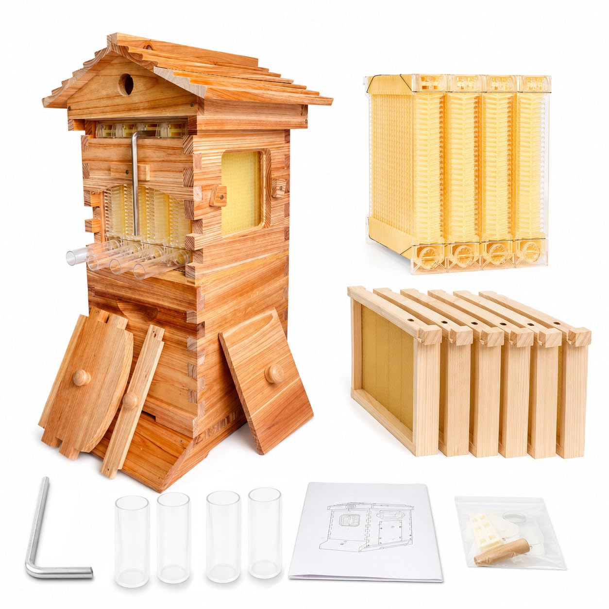 Kit di Avviamento per Arnia, Arnia per Apicoltura, Scatola Completa Api con Finestra di Osservazione Beccuccio Miele, Include Una Casetta per Api Carpentiere per Impollinatori da