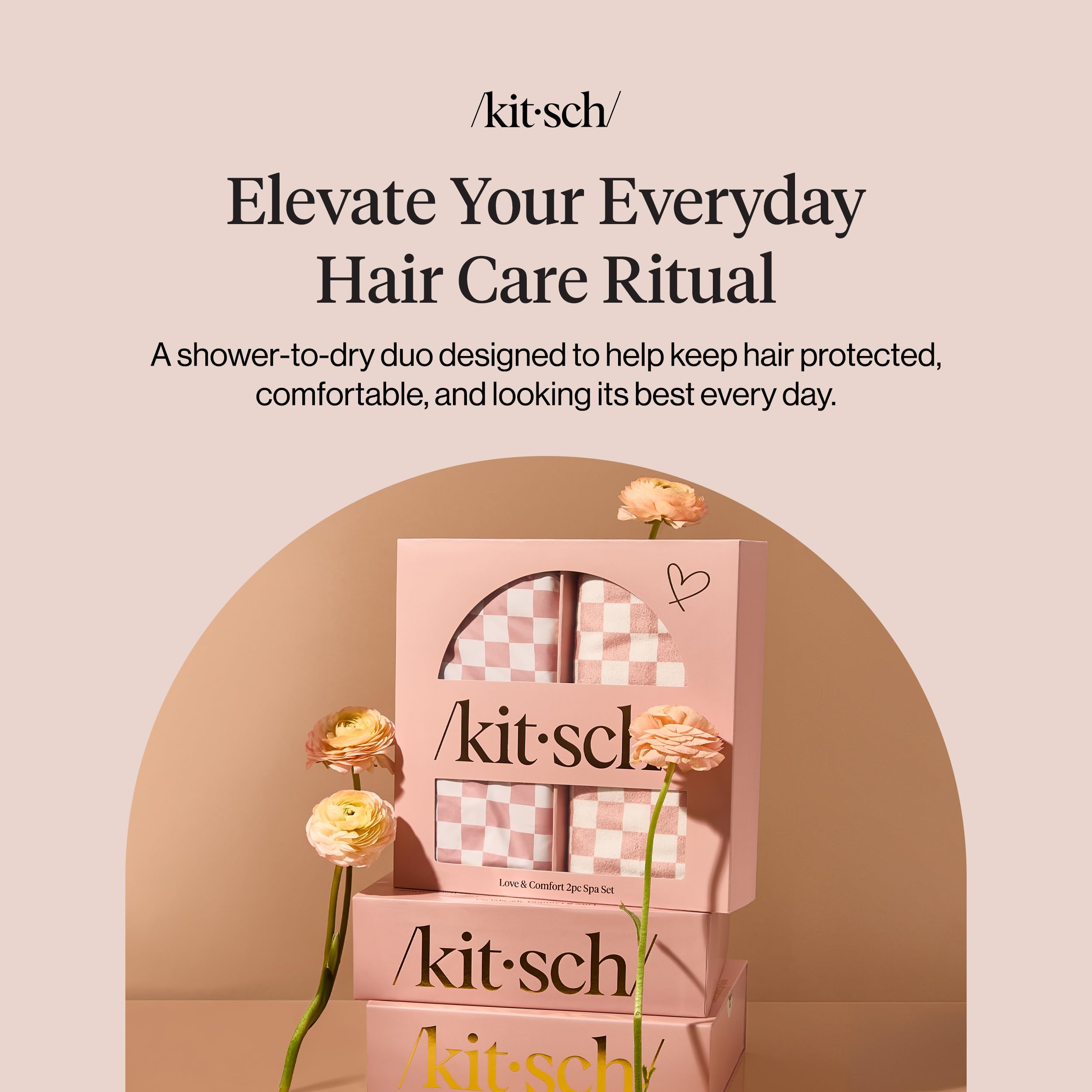 Kitsch Serviette de cheveux en microfibre XL pour femme - Motif à carreaux blush