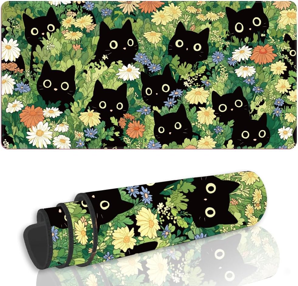 WEBEEDY Alfombrilla de escritorio grande 80x40 cm gato negro flores