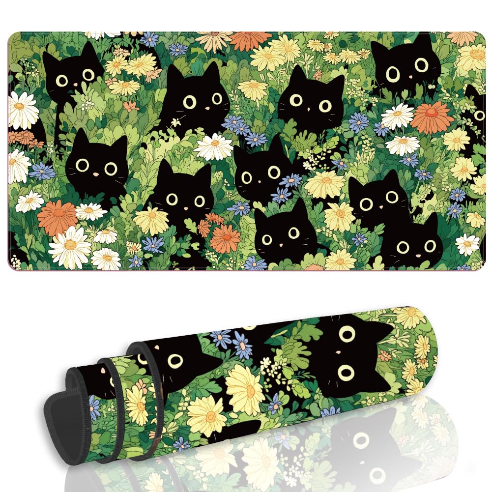 WEBEEDY Large Mouse Pad Cute Extended Desk Pad Black Cat Flower Extended Gaming Mousepad Non-Slip Rubber Base Computer Keyboard Mouse Mat with Stitched Edges for Work Home Office, 80x40 cm