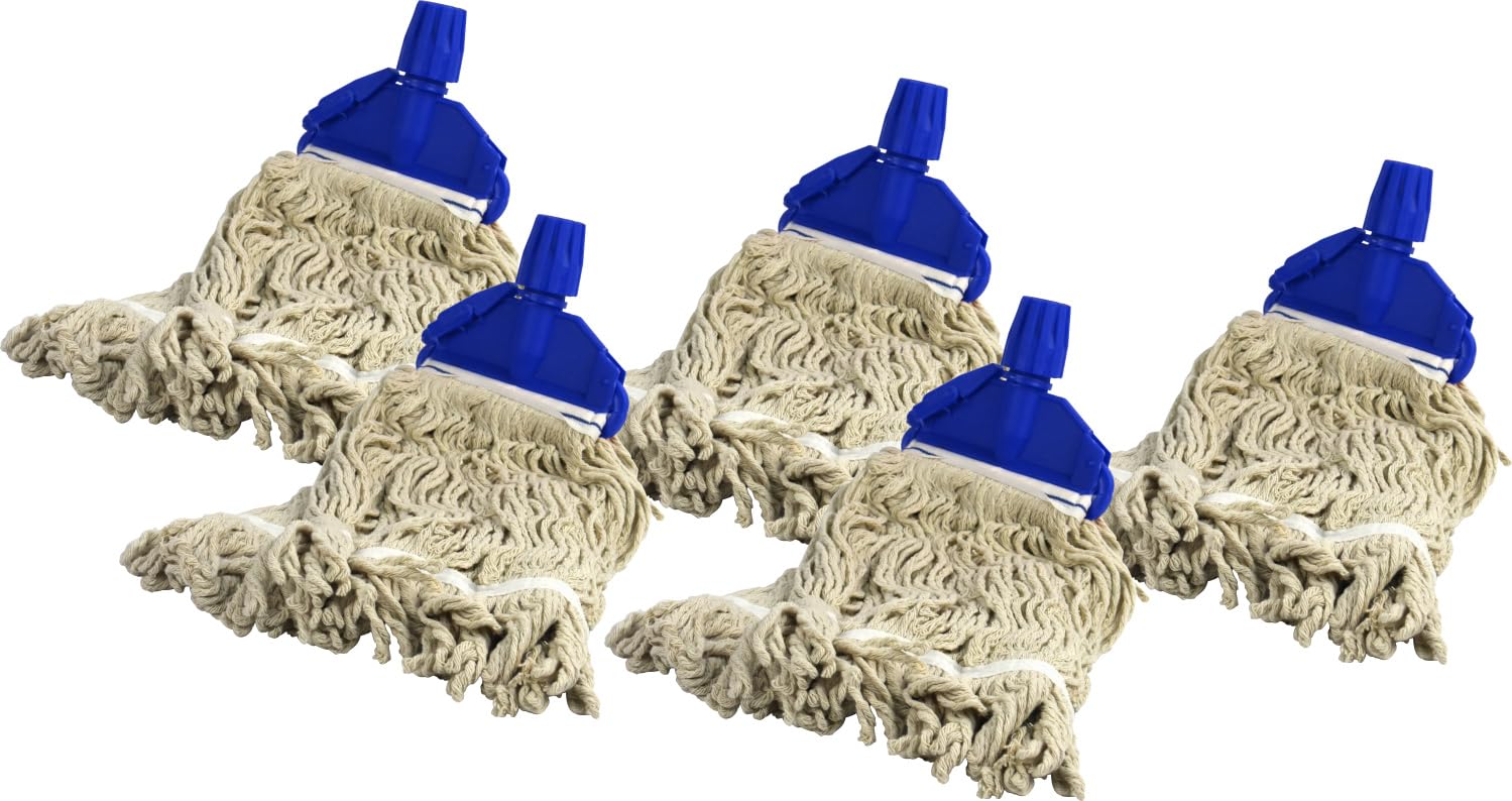 Socket Cotton Mop Heads Replacement 16 Oz Super Absorbent Mop Traditional String Mop Heads Self Threaded Socket Screw Mop Set (5x BLUE)
