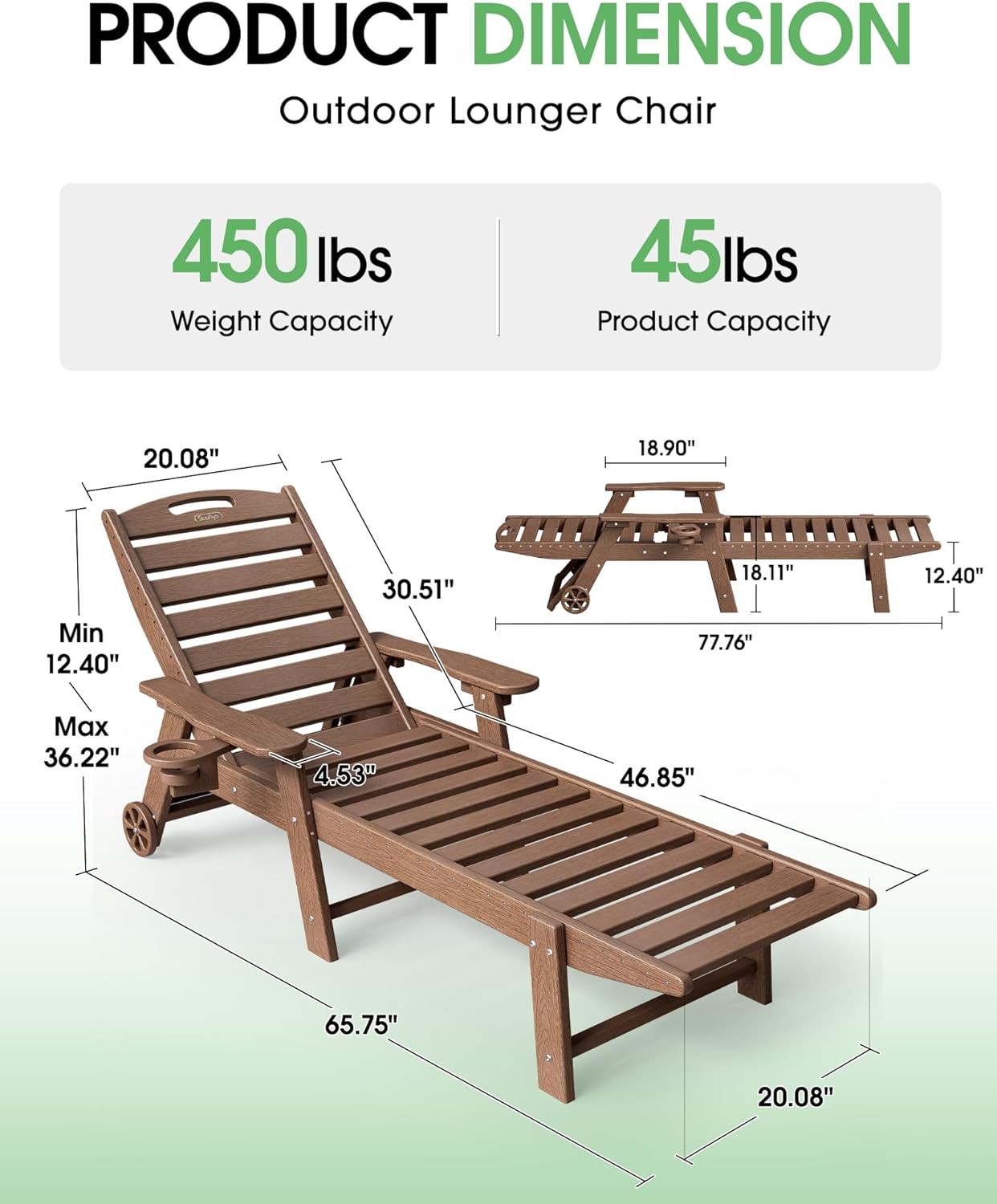 Chaise Lounge Outdoor, Lounge Chair Outdoor with Wood Texture, Adjustable 5-Position Backrest, HDPE Lounge Chair with Wheels & Cup Holder for Pool Deck Backyard, Brown