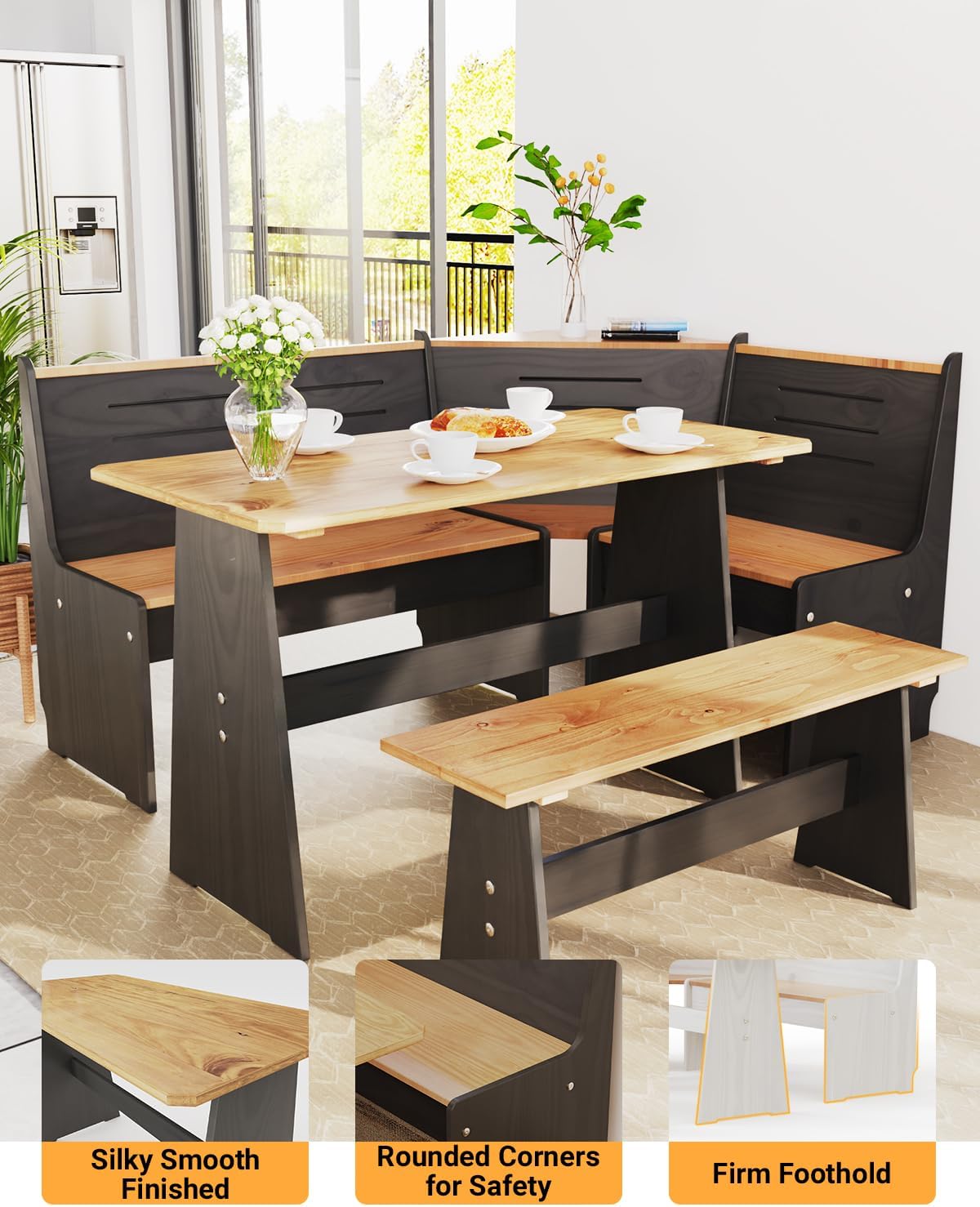 Breakfast Nook Table Set - Corner Kitchen Dining Table Set for 4-6 People, Solid Pine Wood with L-Shaped Bench Modern Farmhouse Dining Room Set for Family Morning Coffee & Brunch, Space-Saving, Black