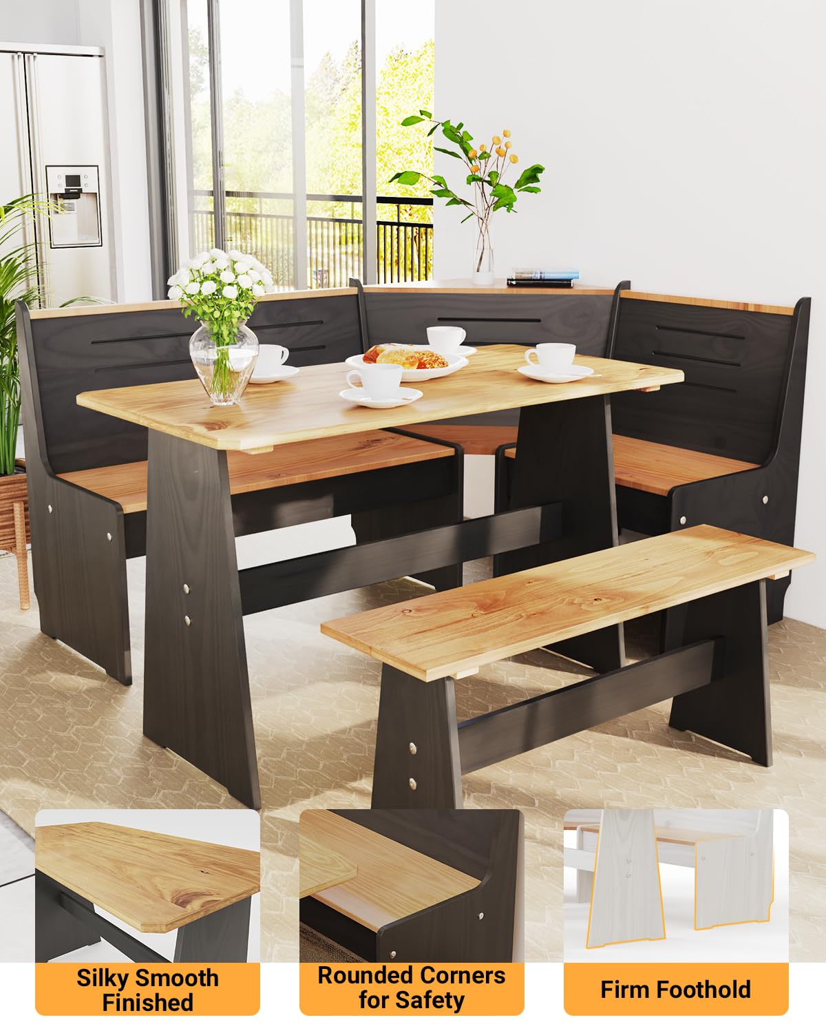 Condition photo showing Good Condition for Breakfast Nook Table Set - Corner Kitchen Dining Table Set for 4-6 People, Solid Pine Wood Modern Farmhouse Dining Room Set with L-Shaped Bench for Family Morning Coffee & Brunch, Space-Saving, Black
